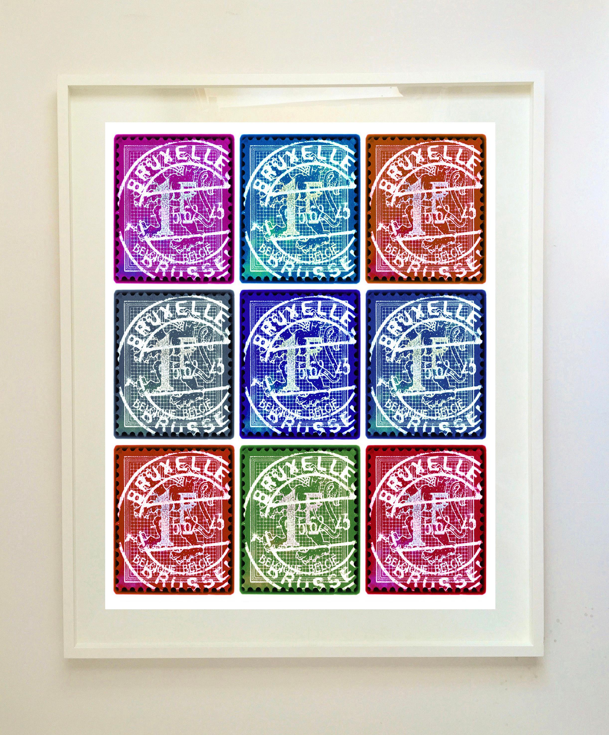 Collection de timbres, lion des Flandres (tampilles de Bruxelles en mosaïque multicolore)  - Pop Art Print par Heidler & Heeps