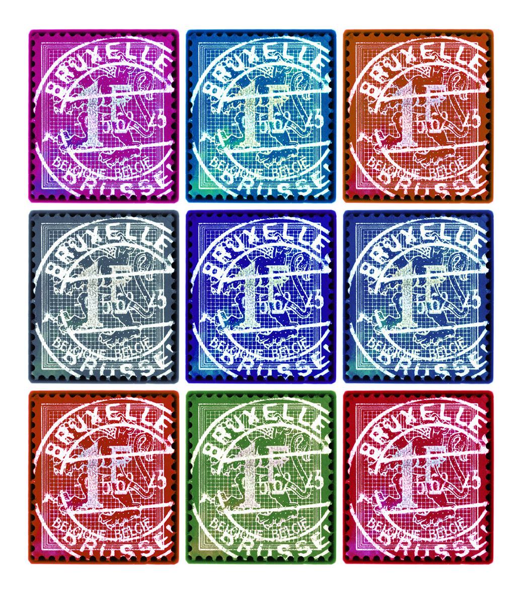 Print Heidler & Heeps - Collection de timbres, lion des Flandres (tampilles de Bruxelles en mosaïque multicolore) 