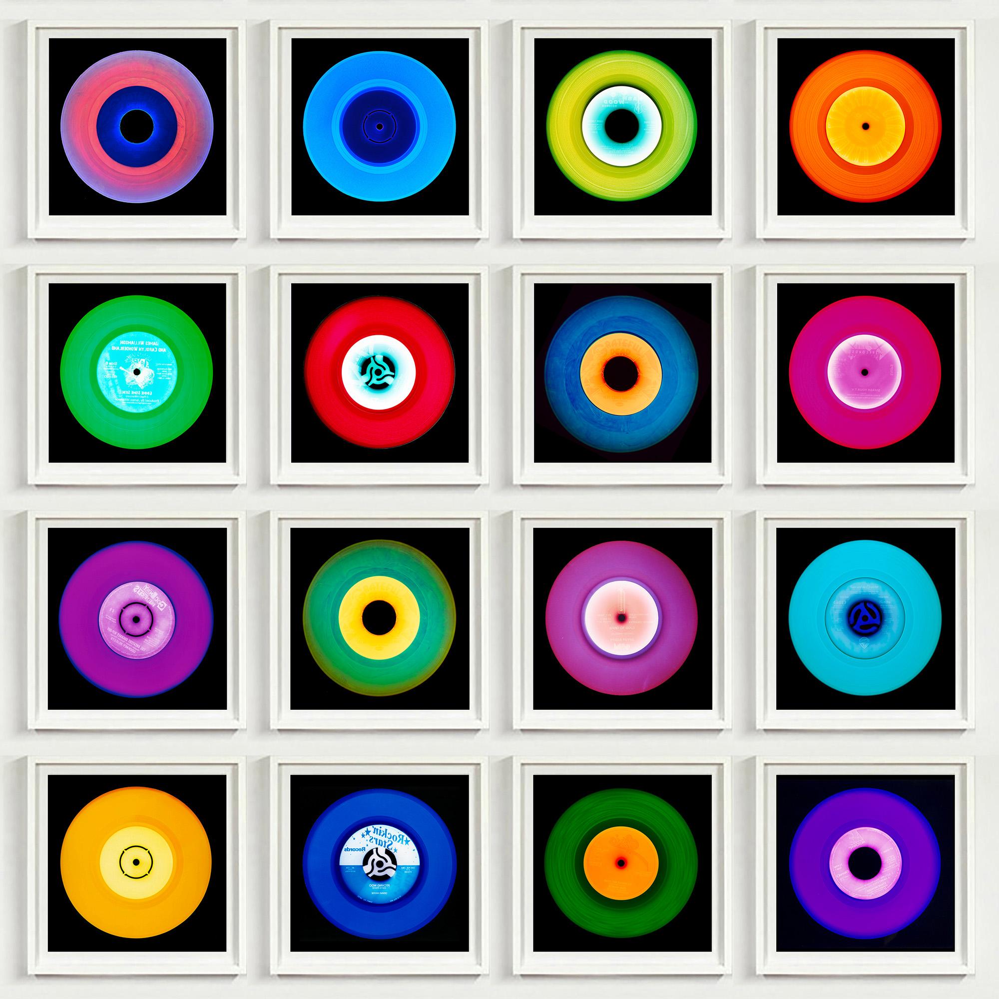 Vinyl Collection 16 Piece Multicolor Square Installation - Pop Art Photography - Beige Color Photograph by Heidler & Heeps