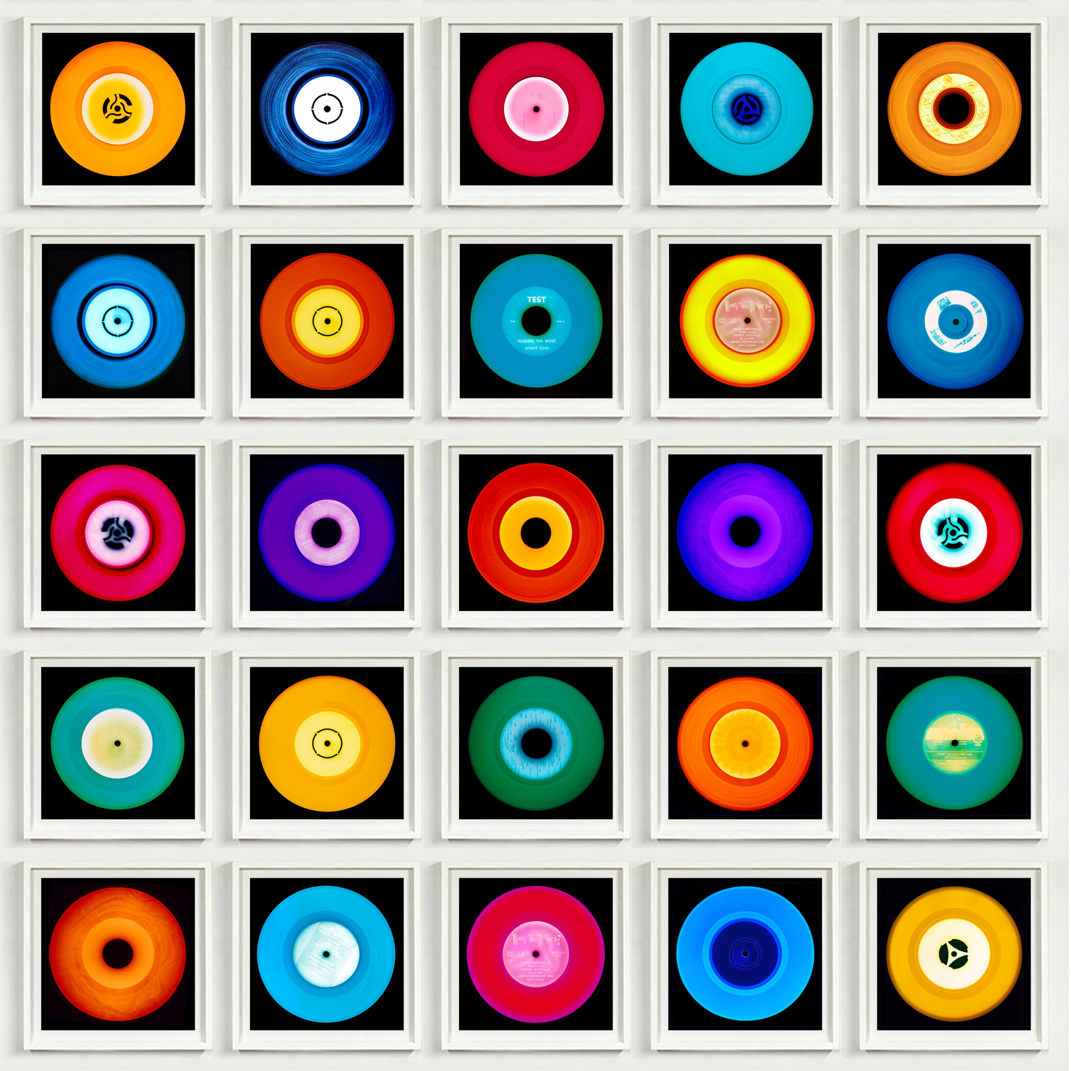 Vinyl Collection 25 Piece Starburst Square Installation - Pop Art Photography - Orange Color Photograph by Heidler & Heeps