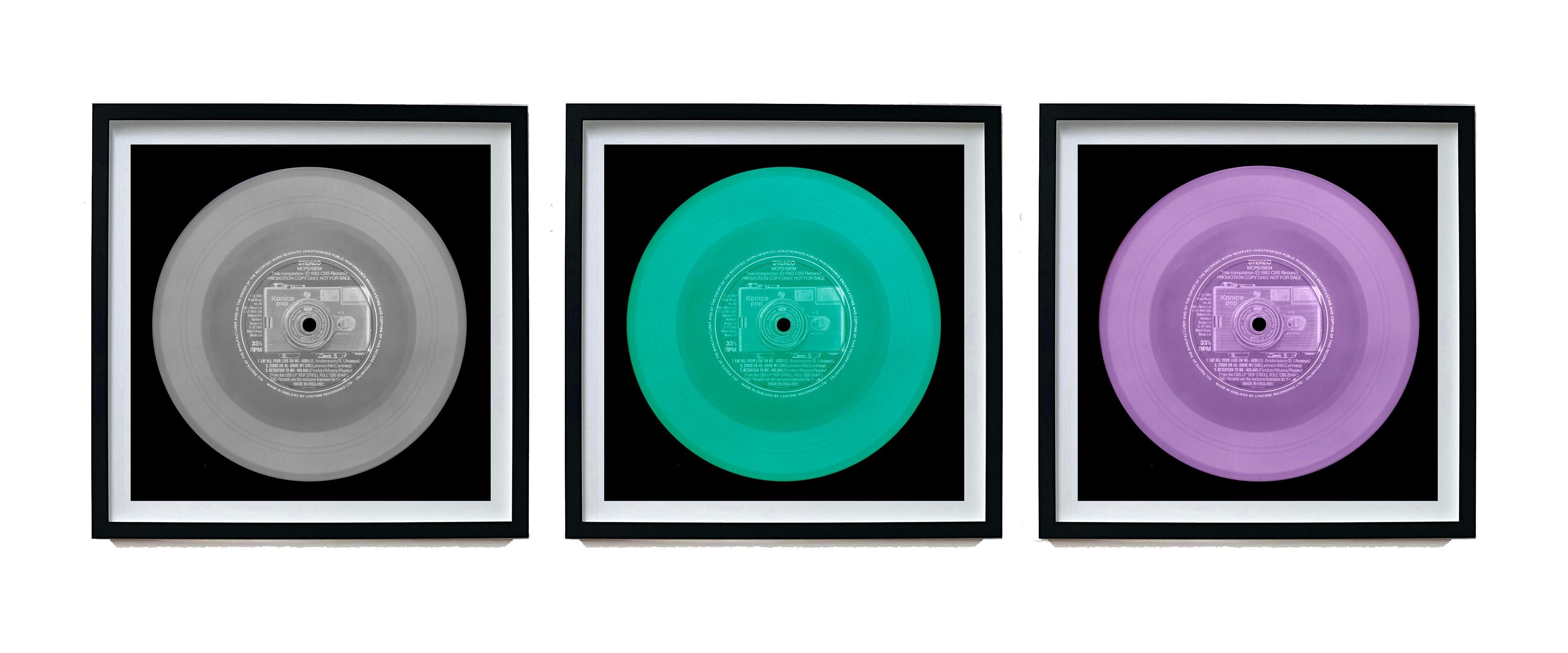 Heidler & Heeps Still-Life Photograph - Vinyl Collection Grey Green Lilac Three Framed Pop Art Color Photography