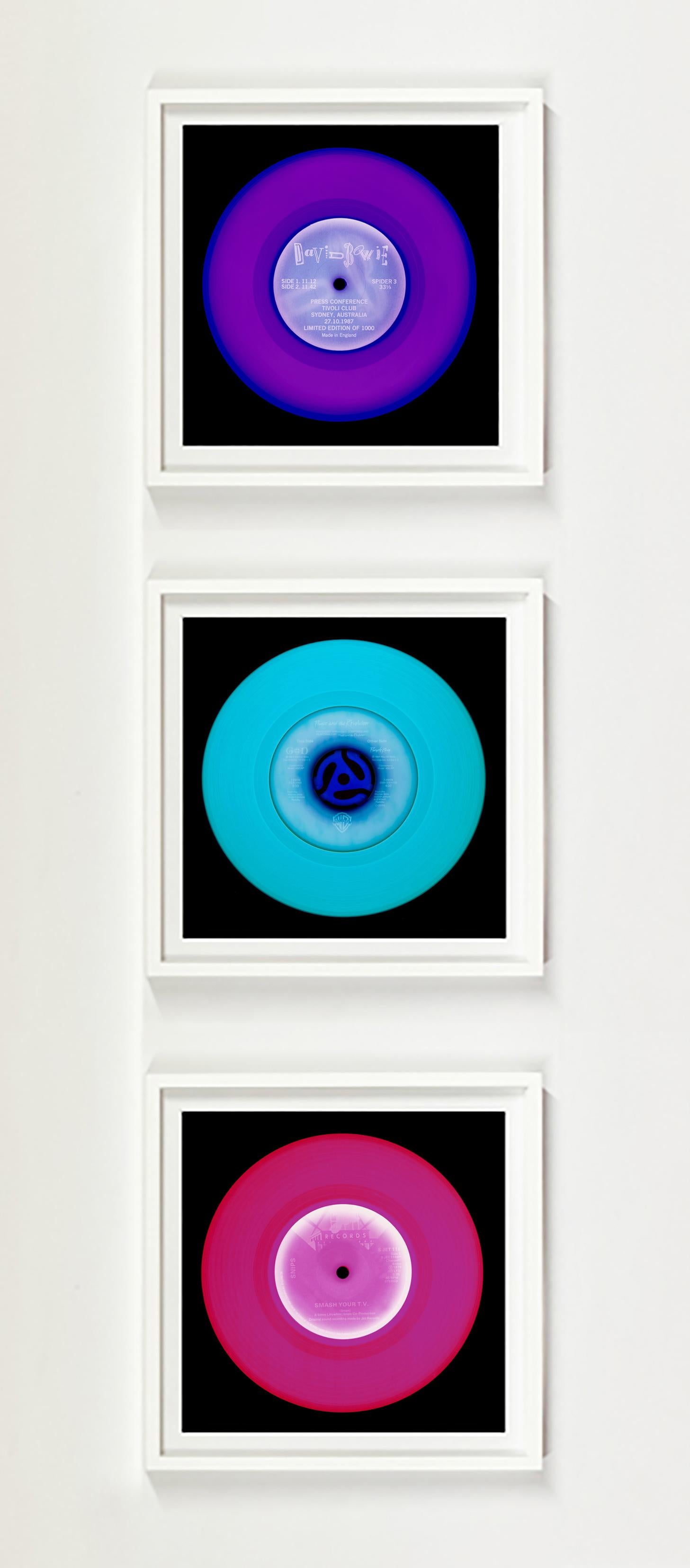 Vinyl Collection Purple, Blue Pink Set of Three Framed Pop Art Color Photography For Sale 4