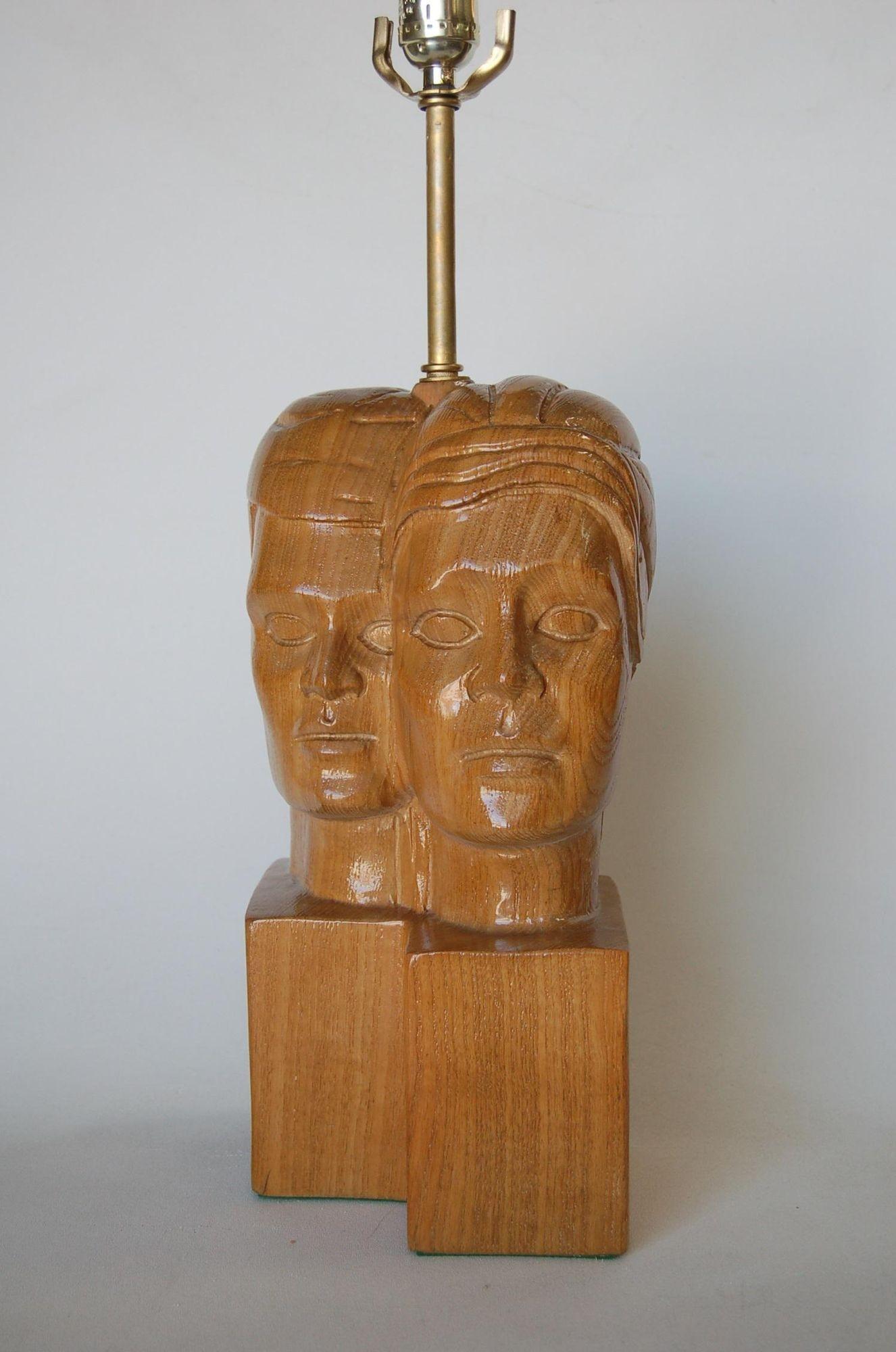 Heifetz Style Carved Oak Male & Female Couple Table Lamp 5