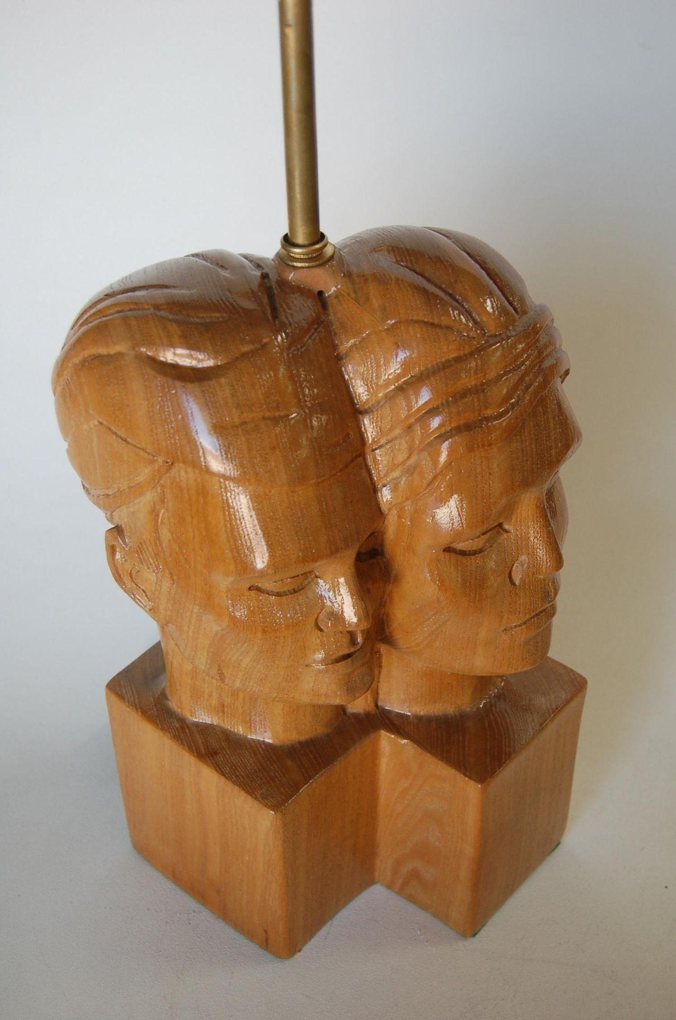 American Heifetz Style Carved Oak Male & Female Couple Table Lamp