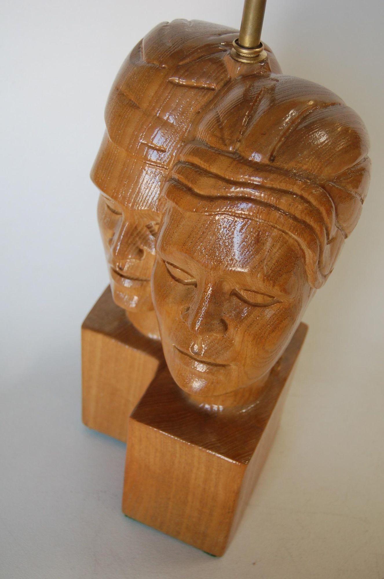 Heifetz Style Carved Oak Male & Female Couple Table Lamp In Excellent Condition In Van Nuys, CA