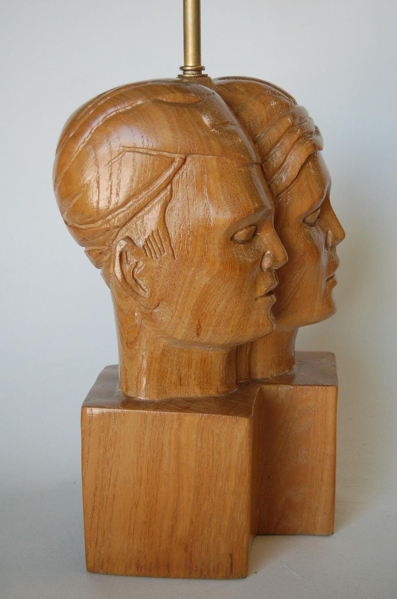 Mid-20th Century Heifetz Style Carved Oak Male & Female Couple Table Lamp