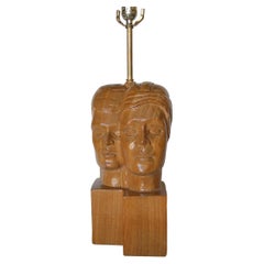 Heifetz Style Carved Oak Male & Female Couple Table Lamp