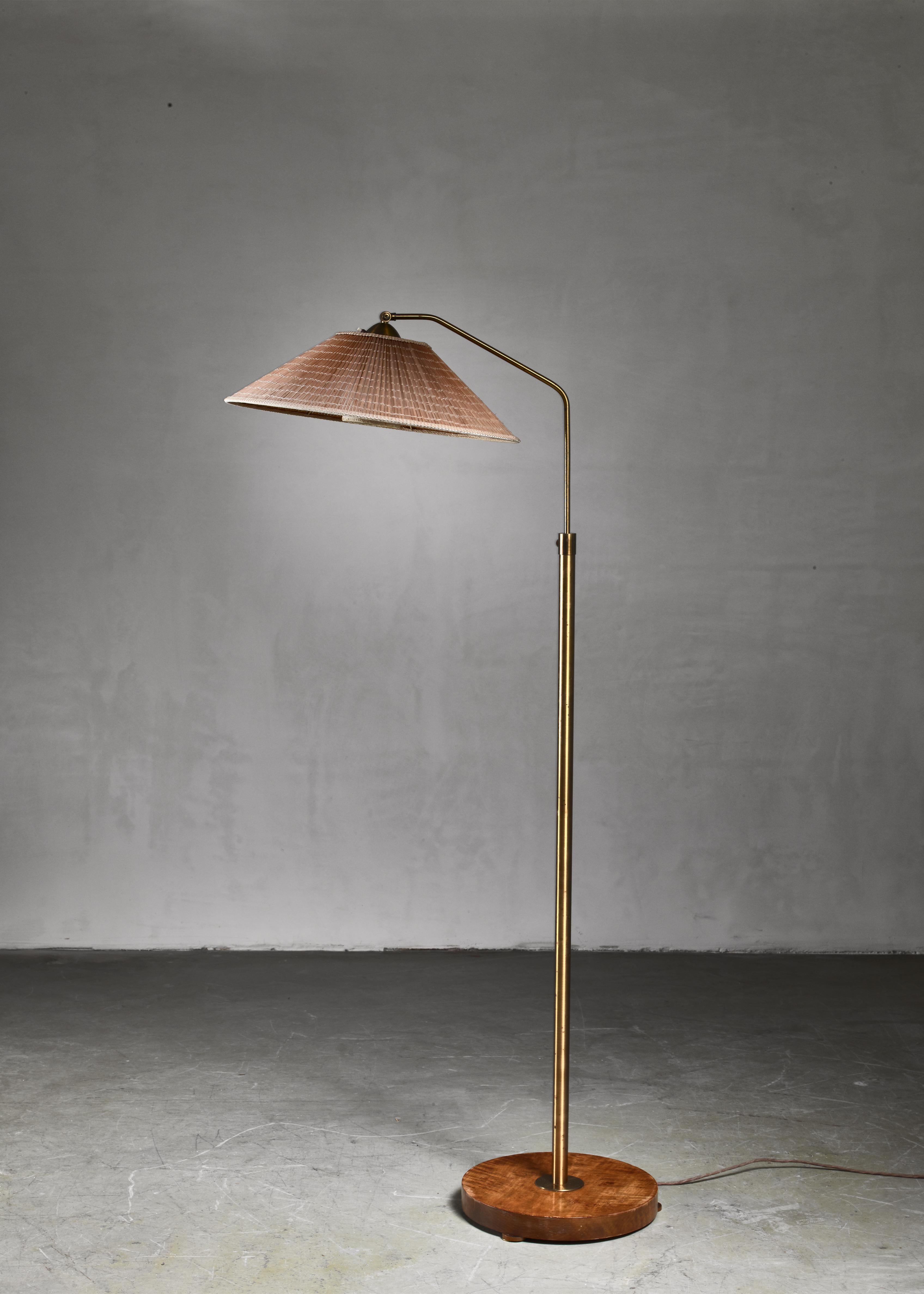 Scandinavian Modern Height-Adjustable Brass and Wood Floor Lamp, Sweden, 1930s For Sale