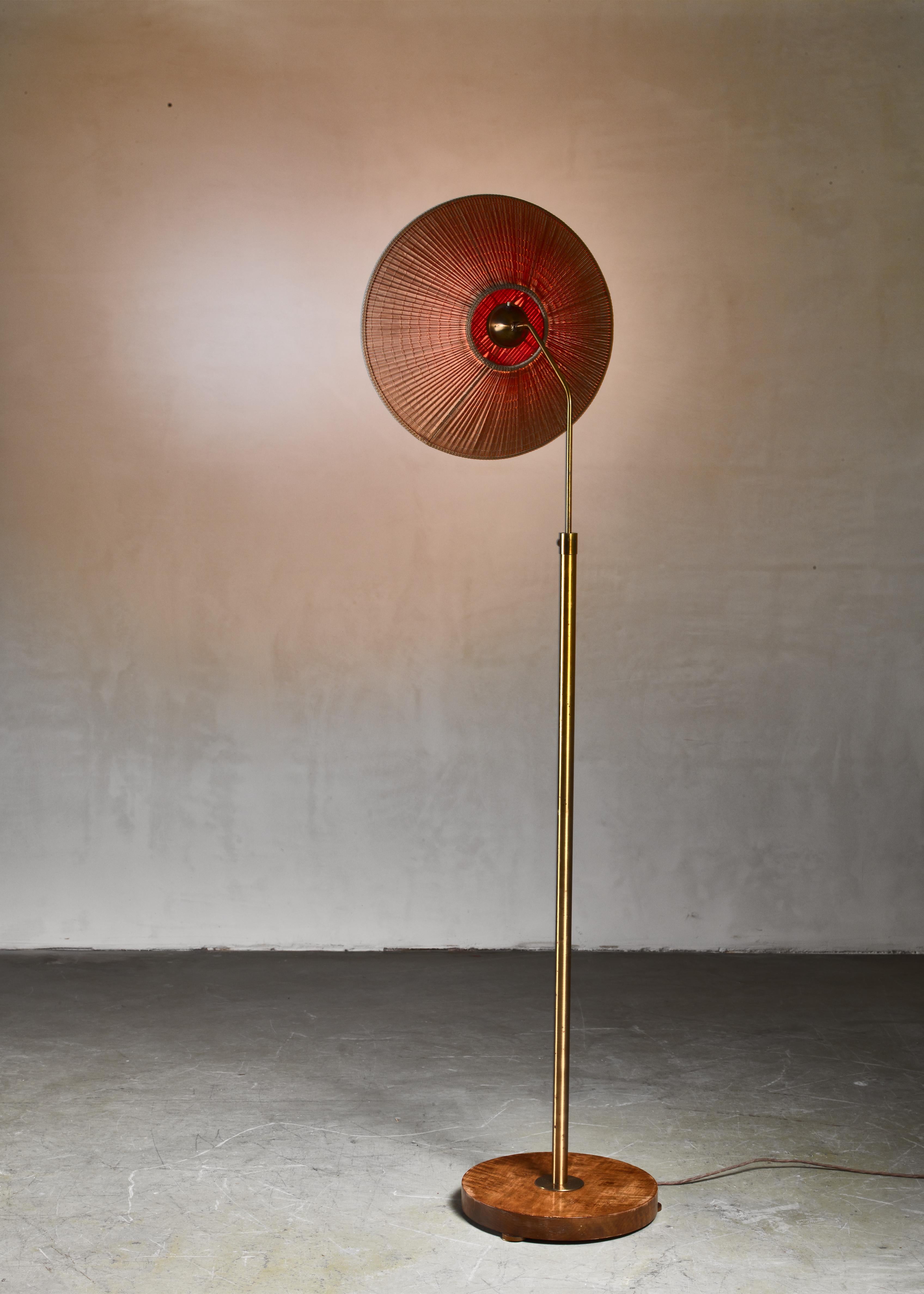 Swedish Height-Adjustable Brass and Wood Floor Lamp, Sweden, 1930s For Sale