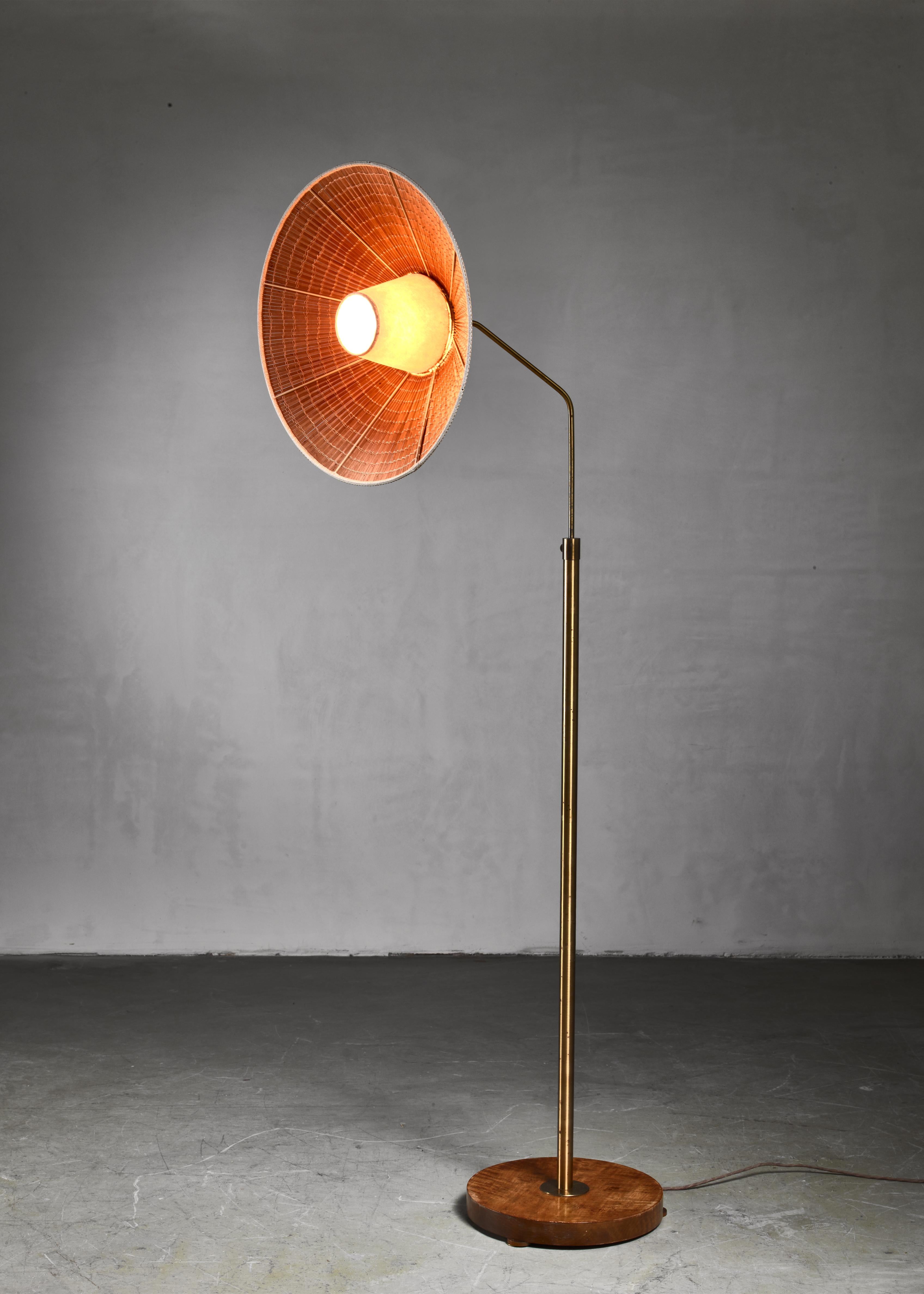 Height-Adjustable Brass and Wood Floor Lamp, Sweden, 1930s For Sale 2