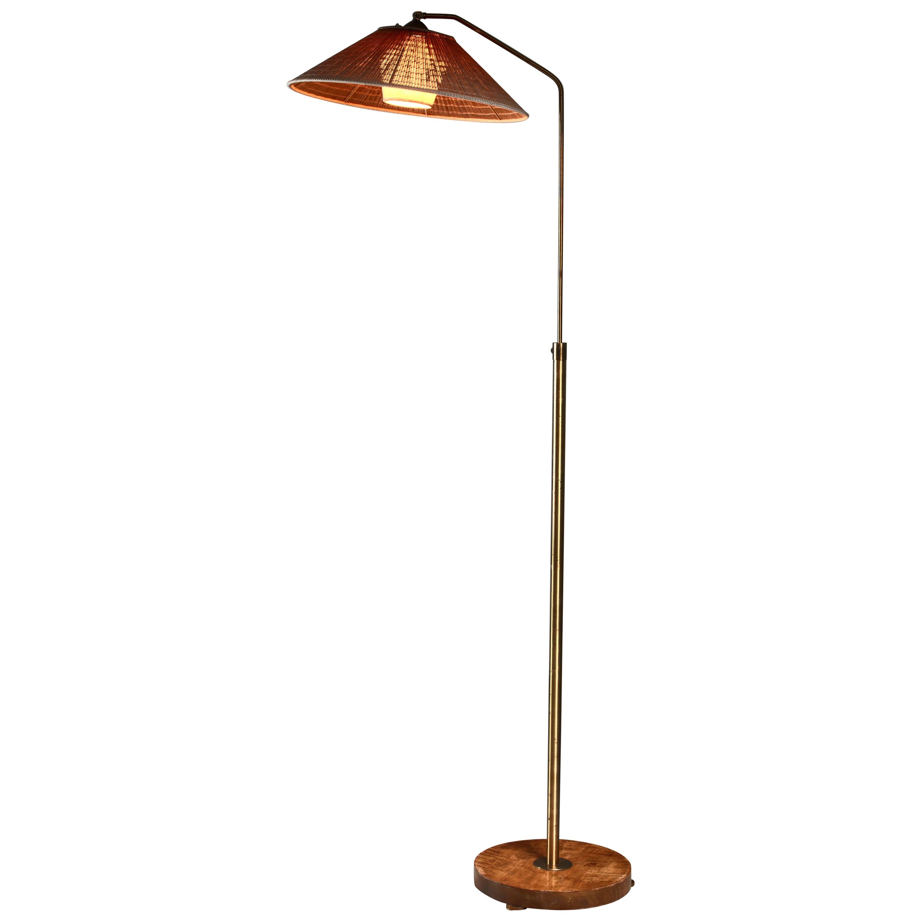 Height-Adjustable Brass and Wood Floor Lamp, Sweden, 1930s For Sale