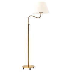 Lampada da terra regolabile in altezza in ottone, mogano e paralume nuovo, anni '40
