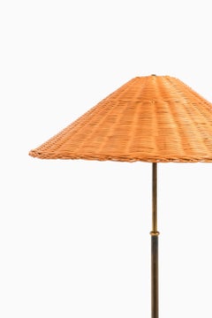 Height Adjustable Floor Lamp in Brass, Woven Cane and Rattan Shade, 1940's