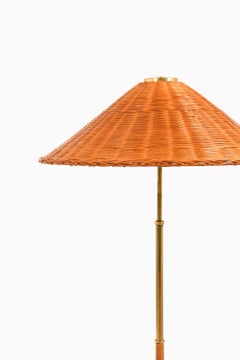 Height Adjustable Floor Lamp in Brass, Woven Cane and Rattan Shade, 1940's