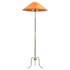 Height Adjustable Floor Lamp in Brass, Woven Cane and Rattan Shade, 1940's