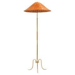 Height Adjustable Floor Lamp in Brass, Woven Cane and Rattan Shade, 1940's