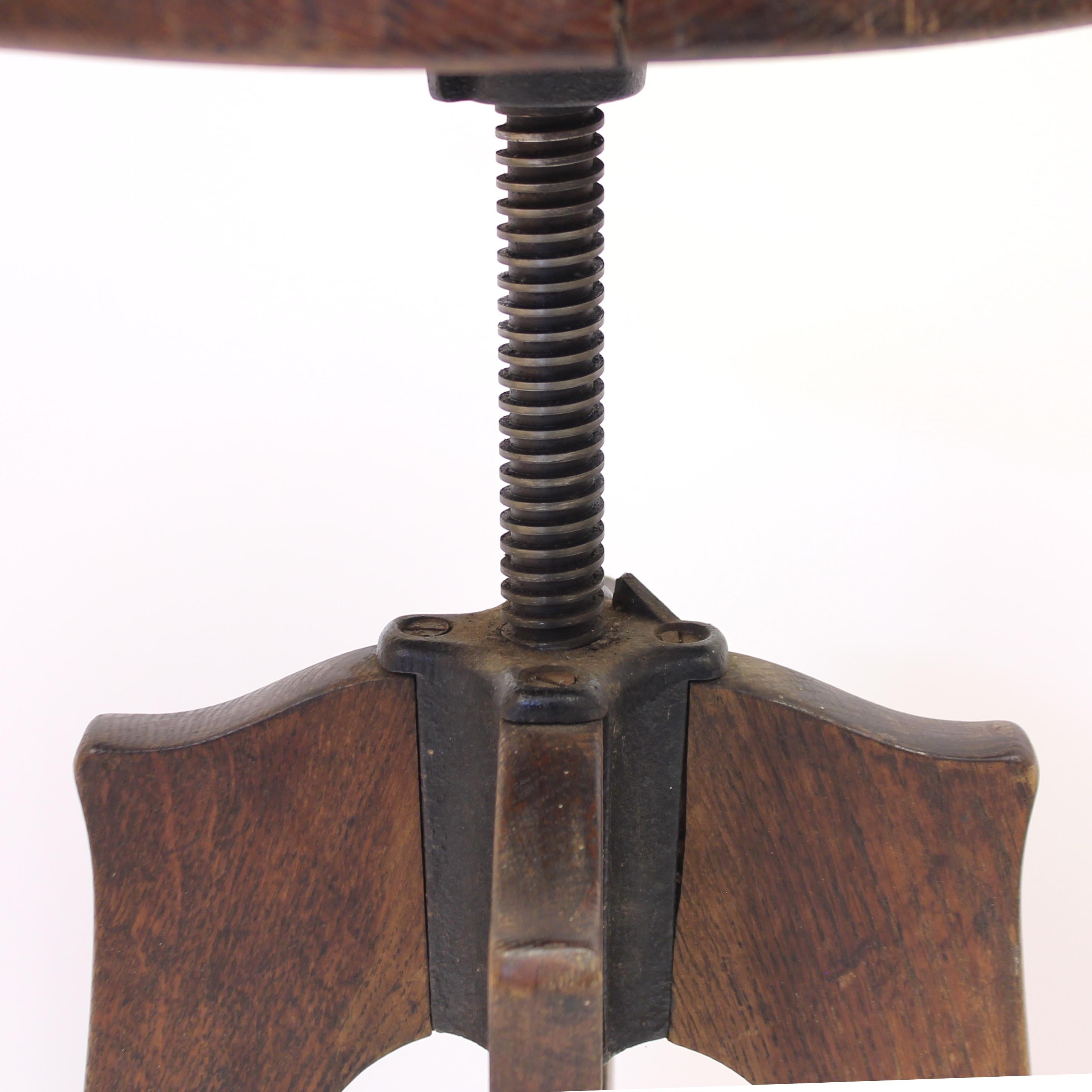 Height Adjustable Industrial Stool in Oak, 1920s-1930s 1