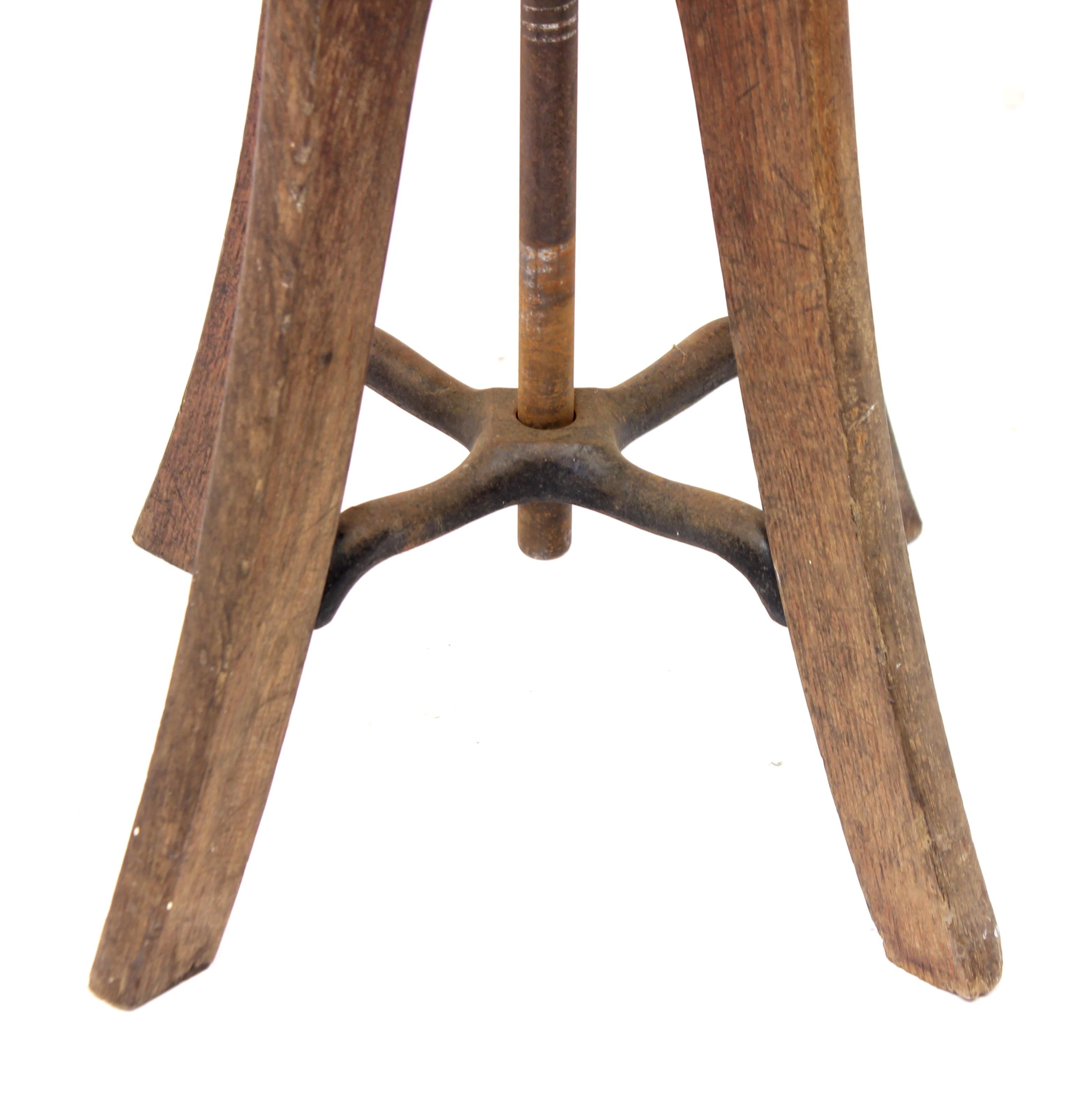 Height Adjustable Industrial Stool in Oak, 1920s-1930s 4