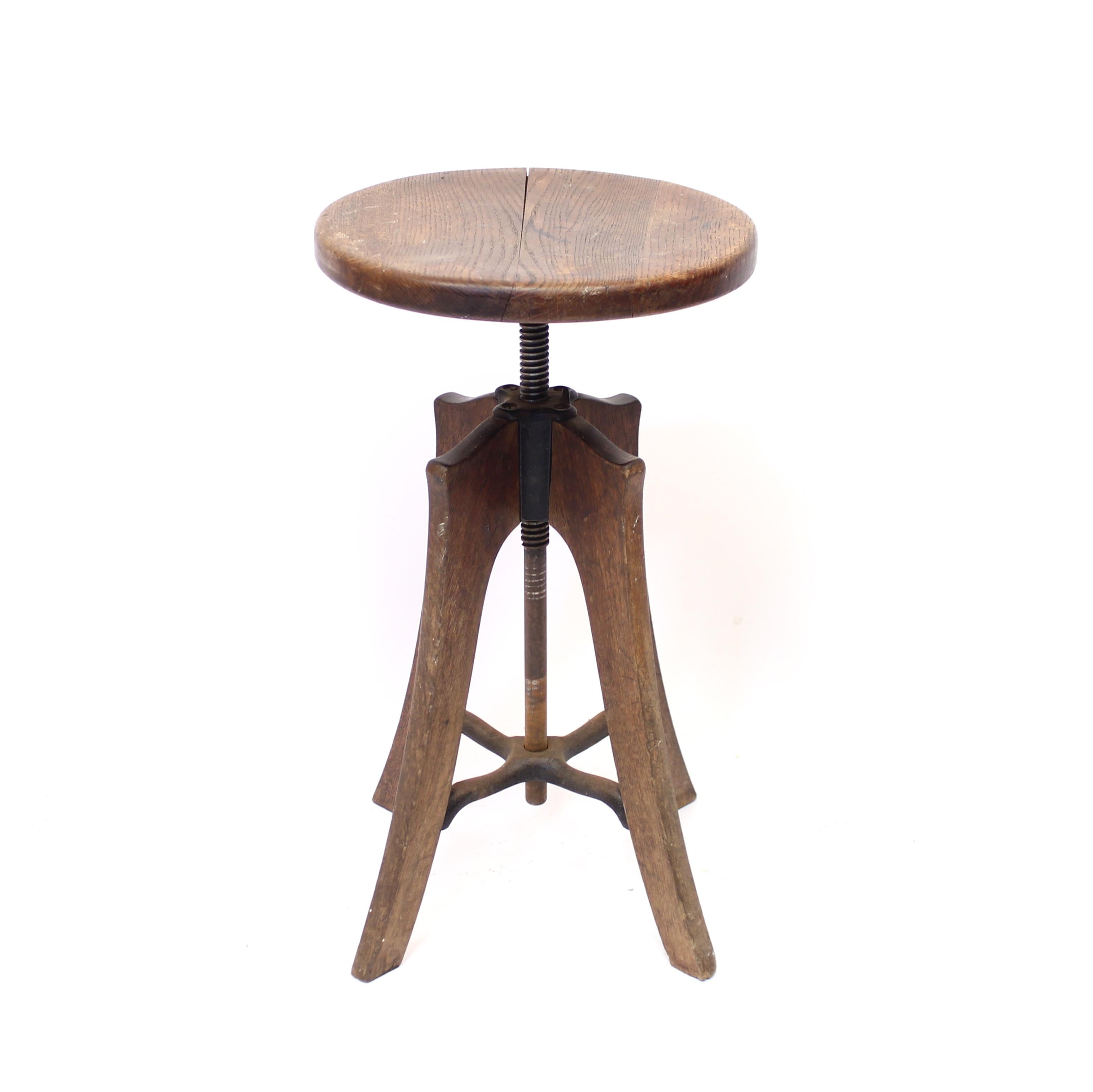 Swedish Height Adjustable Industrial Stool in Oak, 1920s-1930s