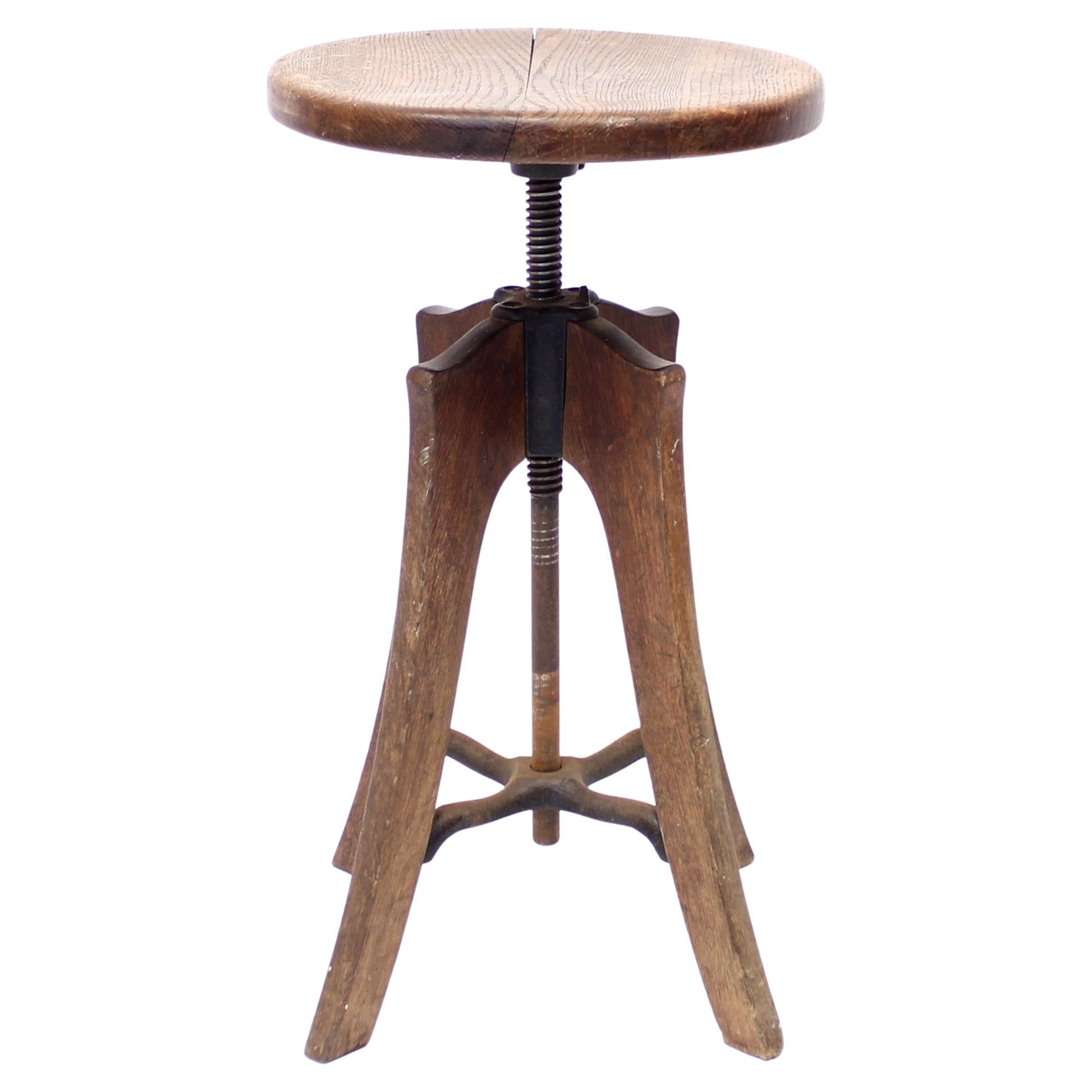 Height Adjustable Industrial Stool in Oak, 1920s-1930s