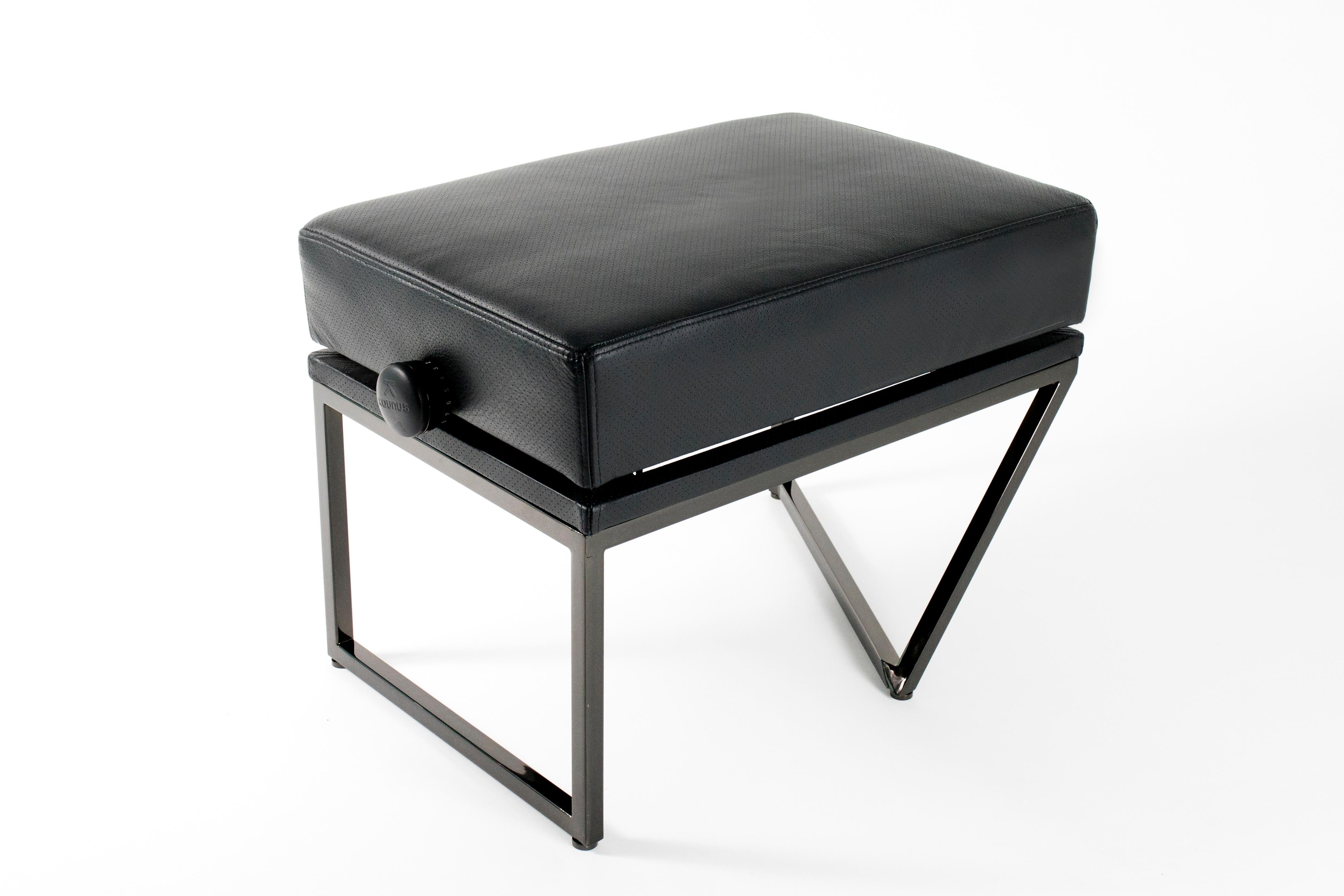 Spanish Upholstered Piano Stool Plated in Black Nickel. Height Adjustable Piano Bench For Sale