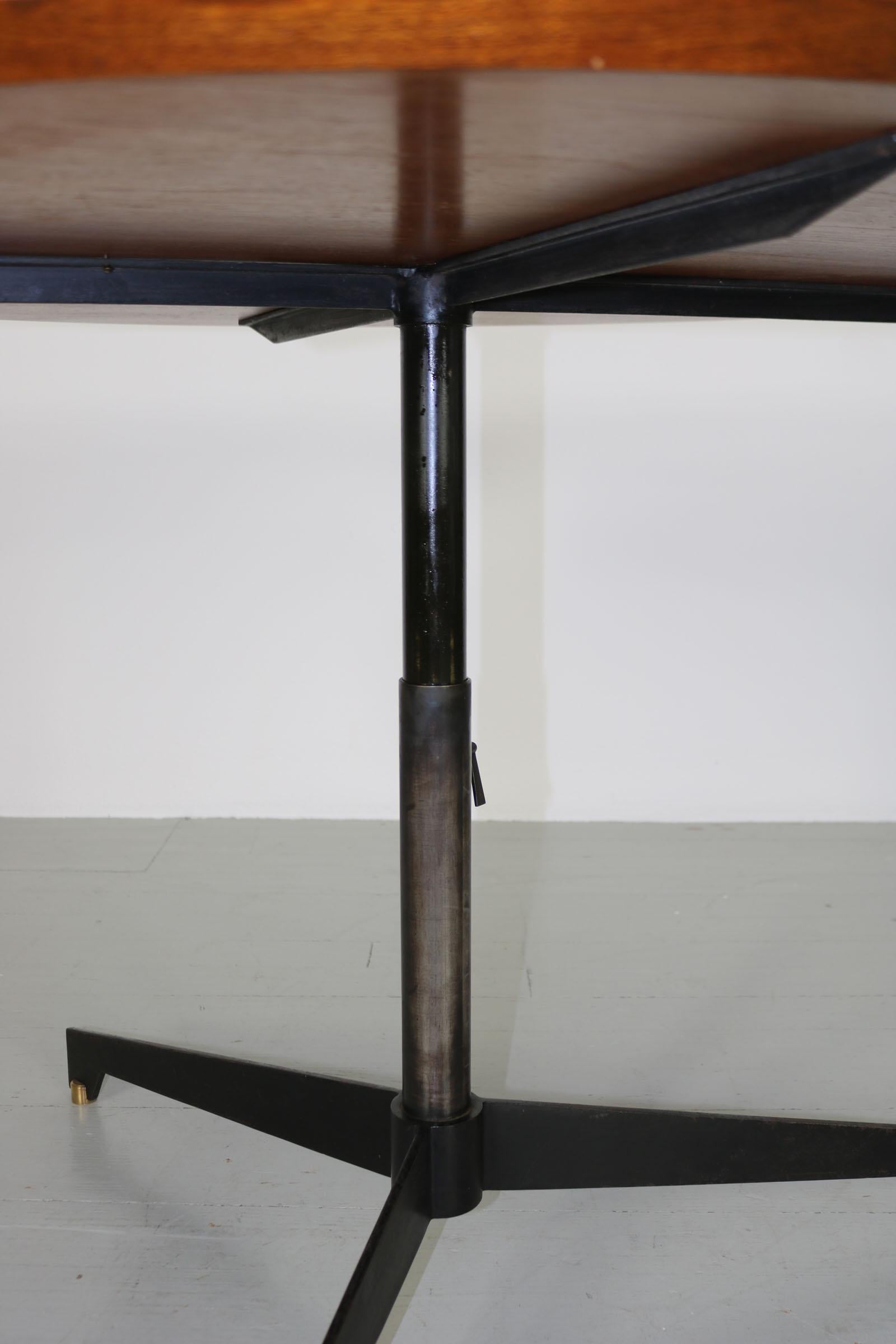 Brass Height Adjustable Round Teakwood Table from the Italian, 1950s