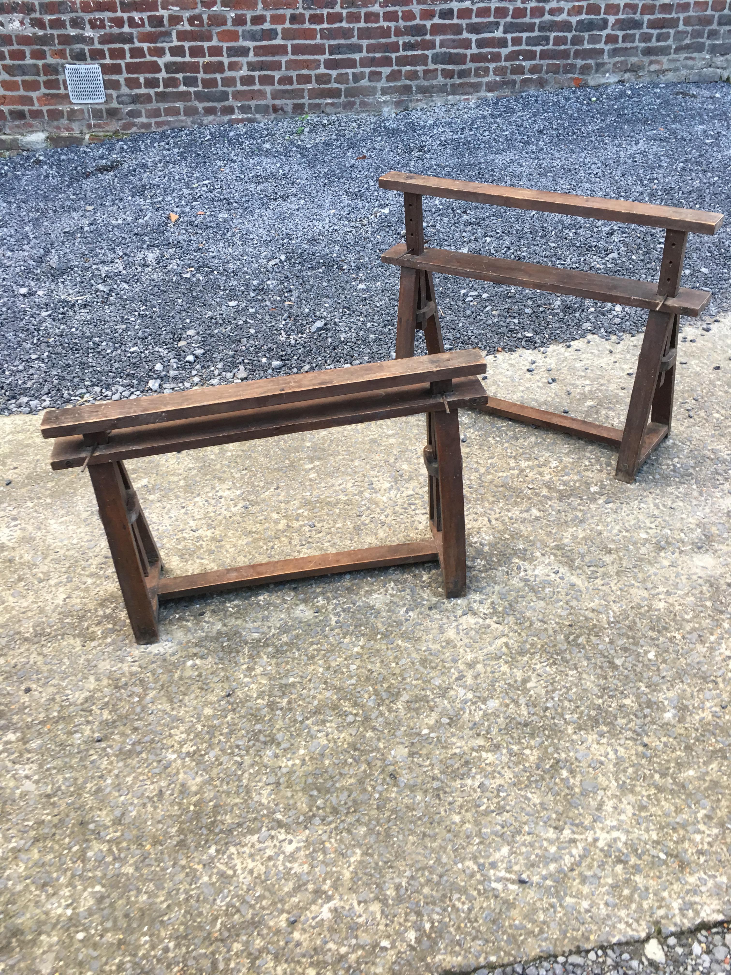 Height Adjustable Trestles, Wood, circa 1930 In Good Condition For Sale In Saint-Ouen, FR