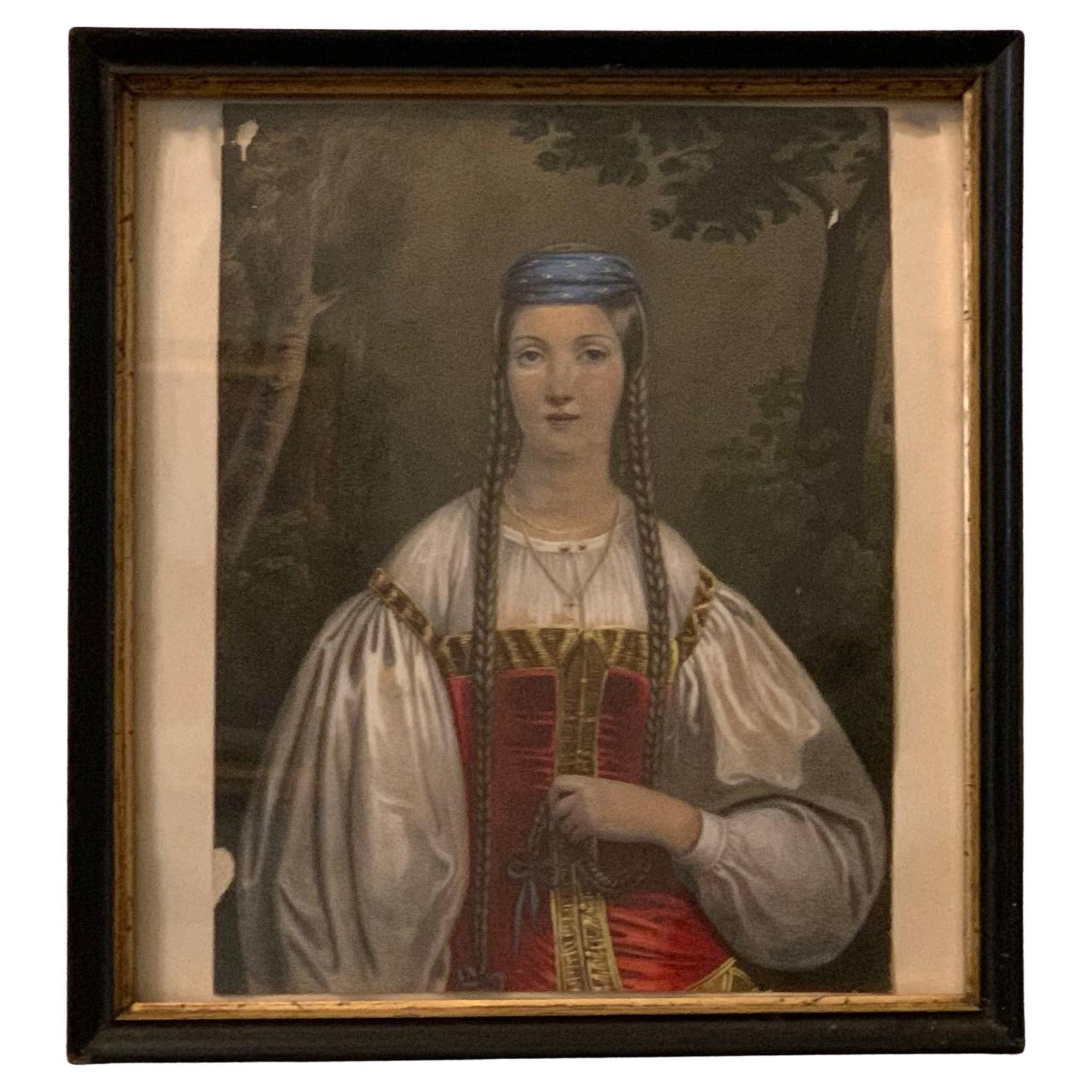 Heightened Engraving of a Young Merovingian Woman, Troubadour Style 19th Century