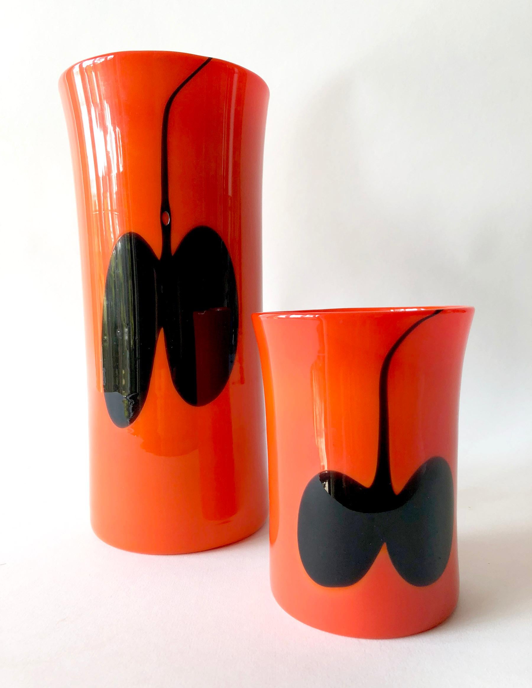 A matching pair of glass vases by Heikki Orvola for Nuutajarvi Notsjo, Finland. Vases measure 10 1/8