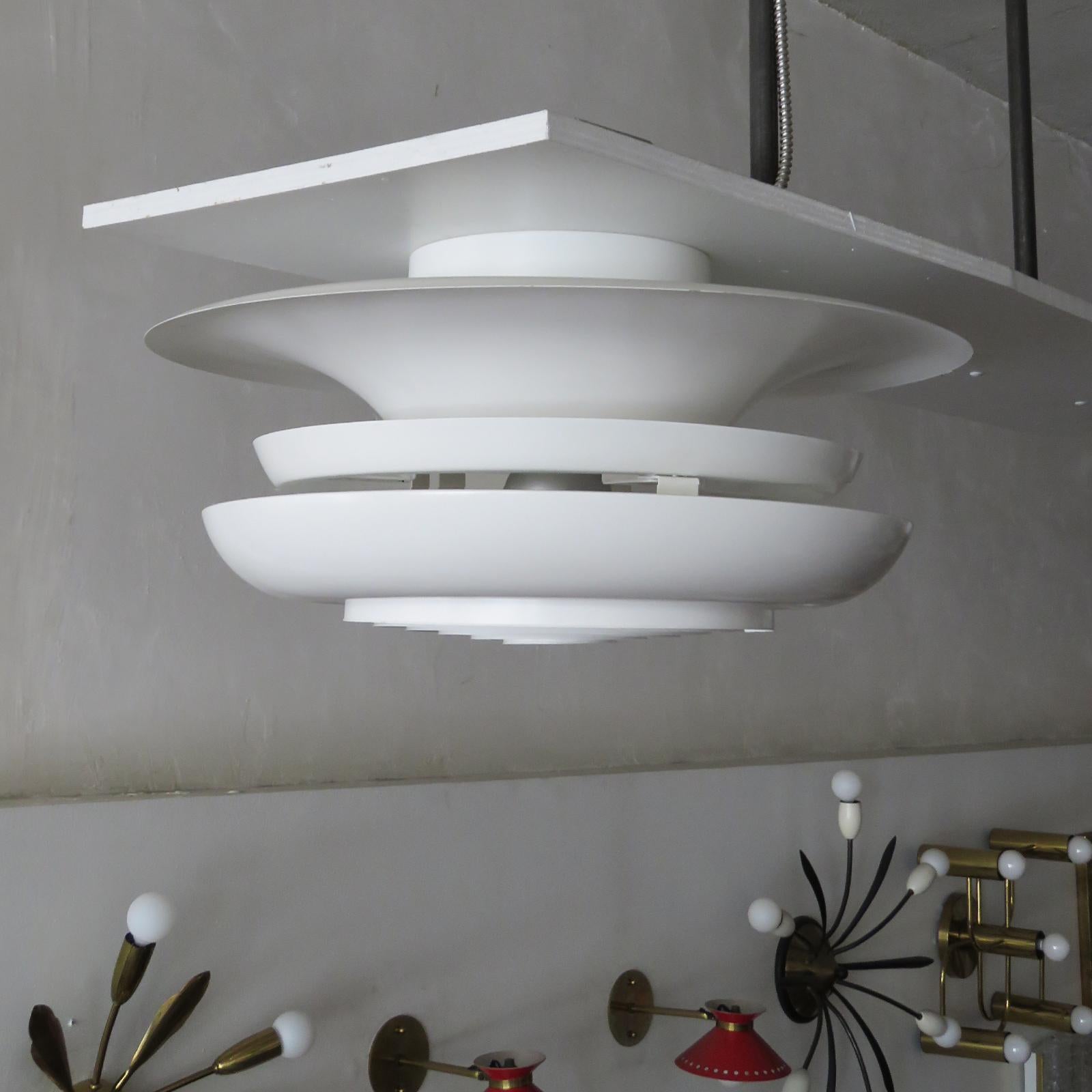 Wonderful '340-284 Luxifer' Model, ceiling flush mount lamp by Heikki Turunen for Orno Oy, Finland 1970, white enameled louvered body, labelled with manufacture's mark, wired for US standards, one E27 socket, max. wattage 100w, bulb provided as a