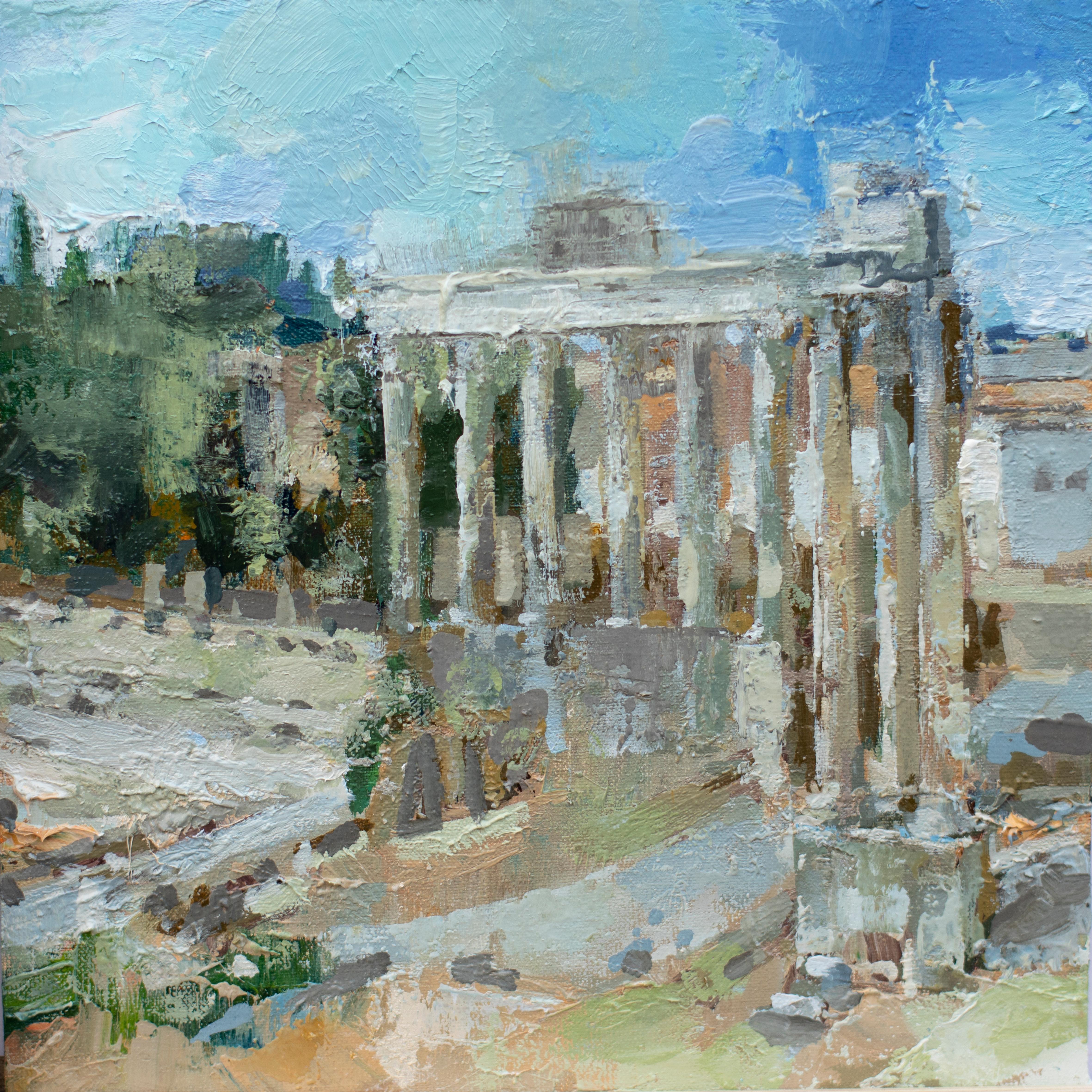 "Forum Romanum III/Rome/Italy" by Heiko Mattausch (Germany based) is an original oil painting that depicts a landmark Roman Ruins. 

I am a painter and graphic artist living and working in Leipzig, Germany. I was born and raised in a provincial town