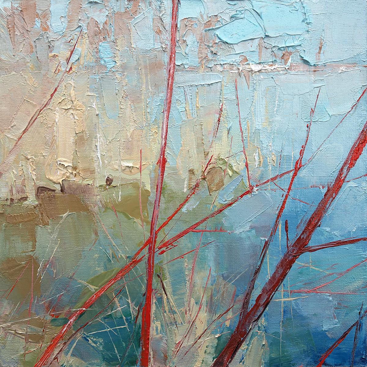 "Spring" di Heiko Mattausch (Germania) raffigura un paesaggio con rami rossi in contrasto con il blu. 

Sono un pittore e artista grafico che vive e lavora a Lipsia, in Germania. Sono nata e cresciuta in una città di provincia qui vicino, in una