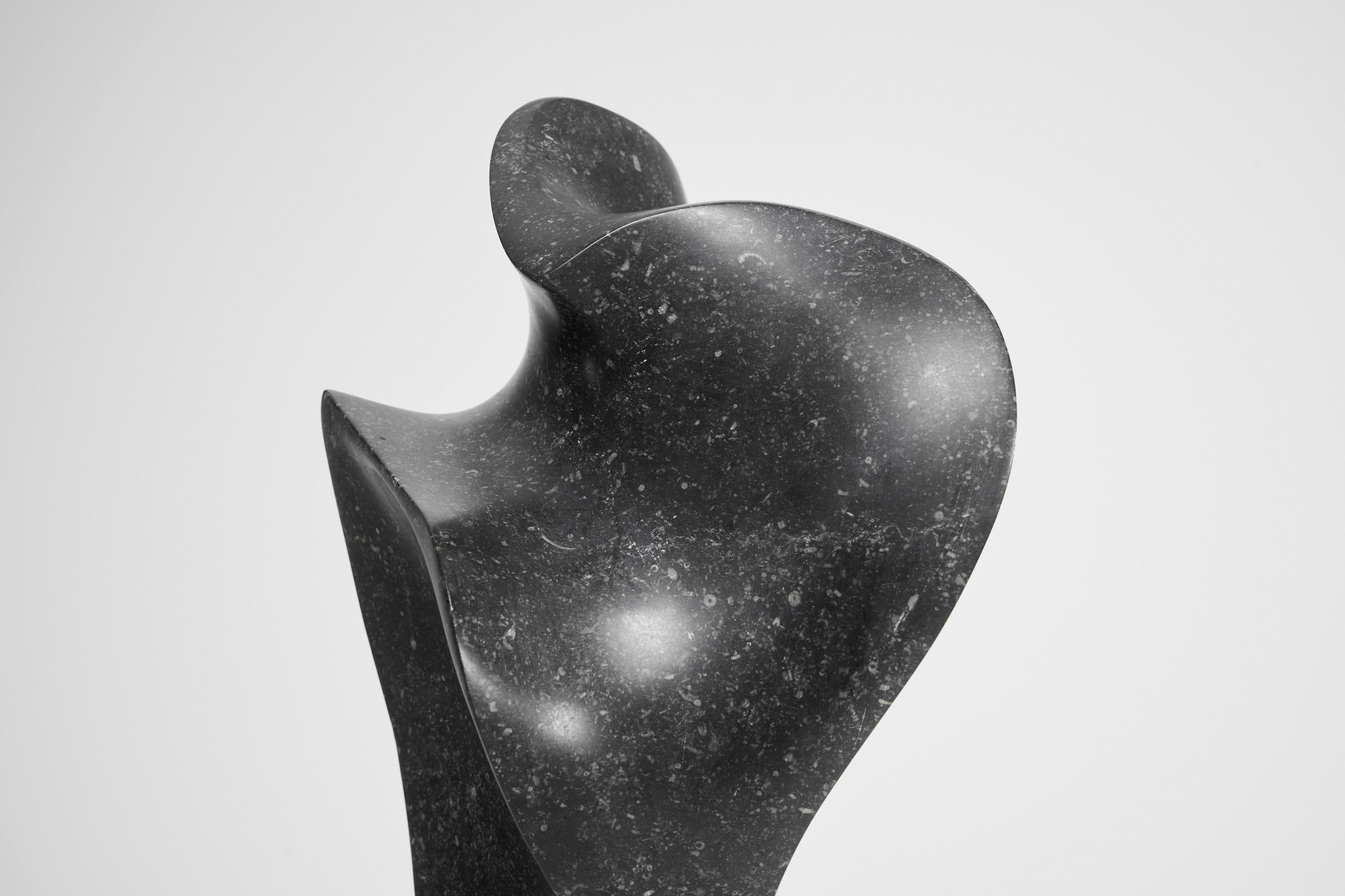Smooth and very compelling granite sculpture made by visual artist Hein Mader in 1970. This piece is crafted out of a solid piece of granite and rotates on its metal stand. The form is reaching upward and expands doing so, which gives a feel of