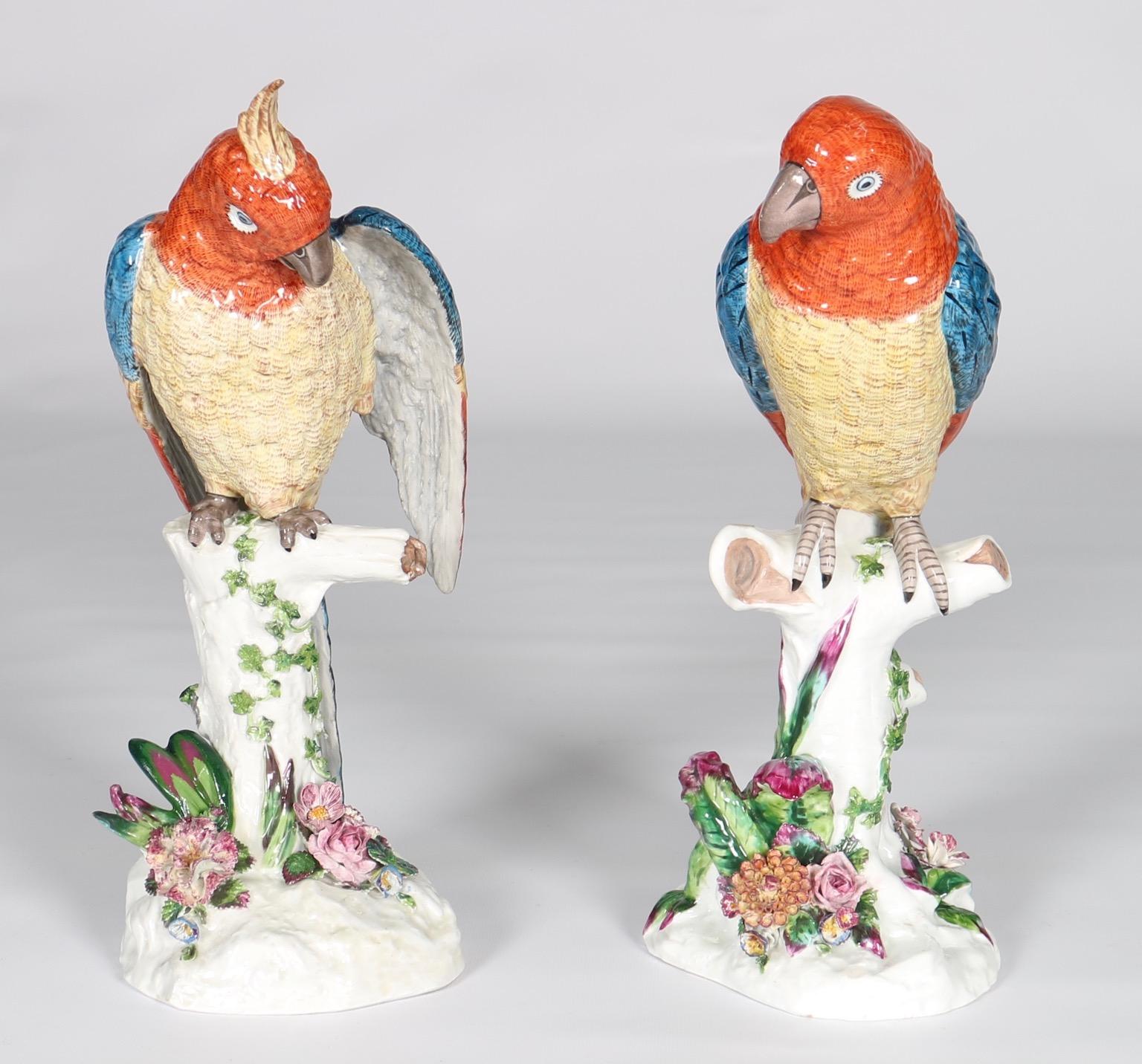 Baroque Revival Heingle German Porcelain Parrots on Tree Trunk