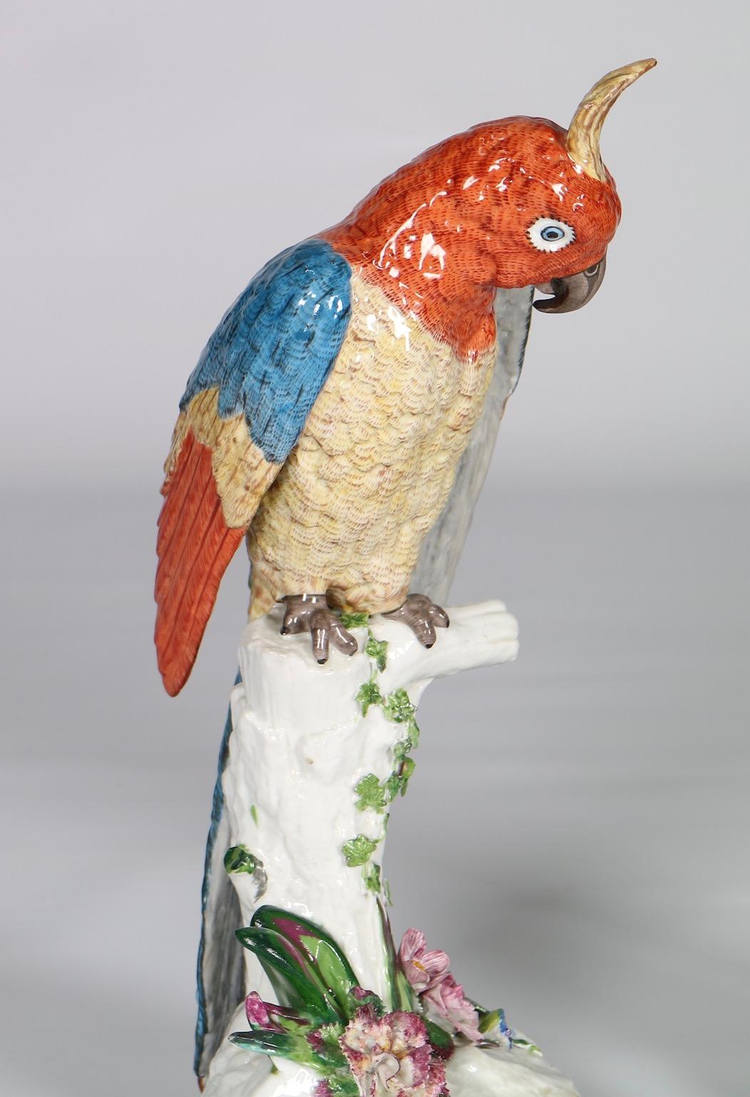 Glazed Heingle German Porcelain Parrots on Tree Trunk