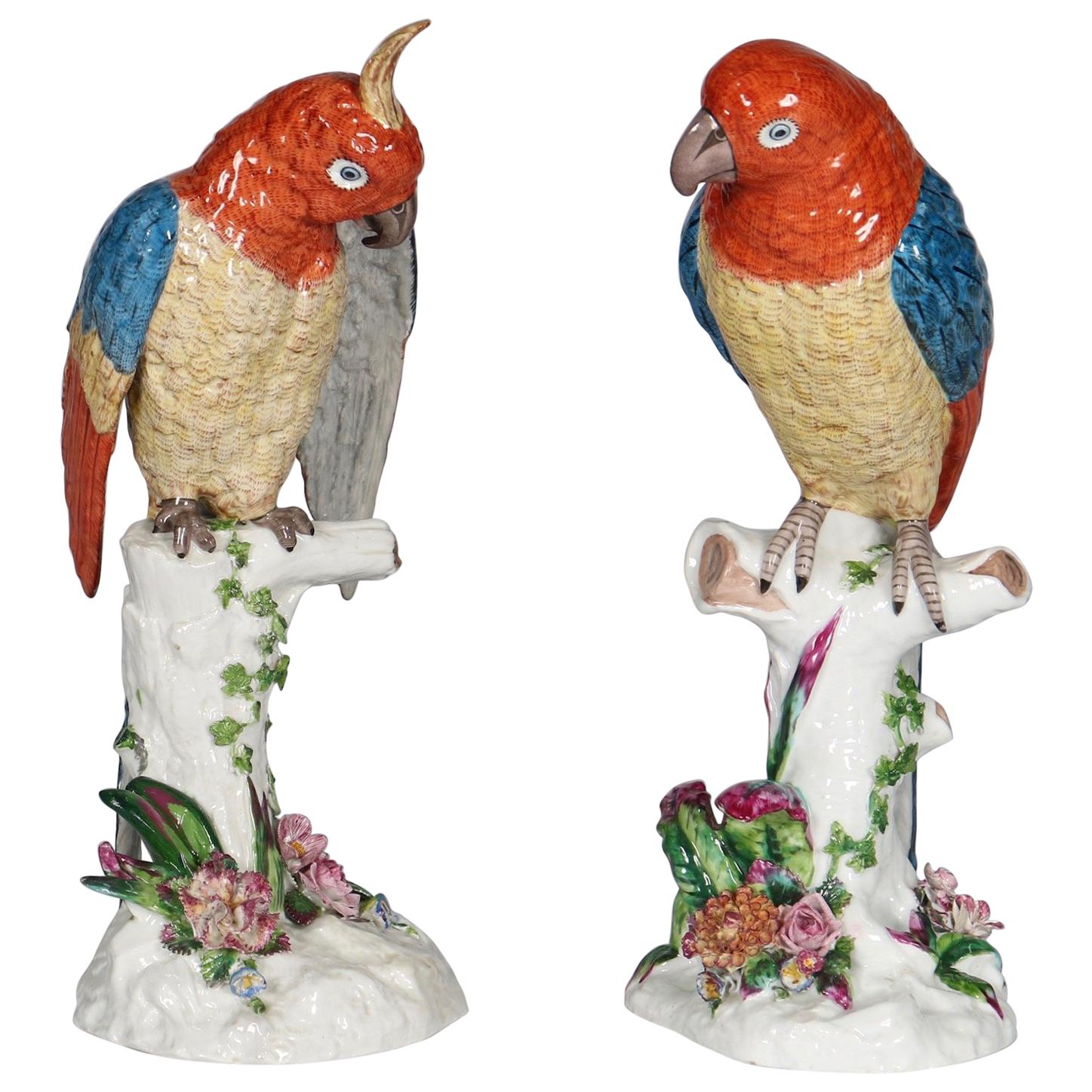 Heingle German Porcelain Parrots on Tree Trunk