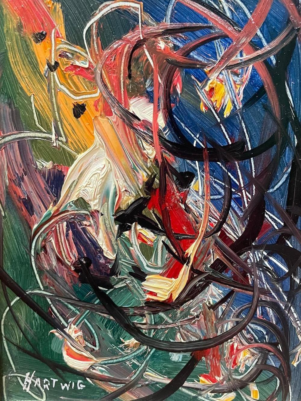 Astratto esplosivo in blu vibrante, rosso e nero - Painting di Heinie Hartwig