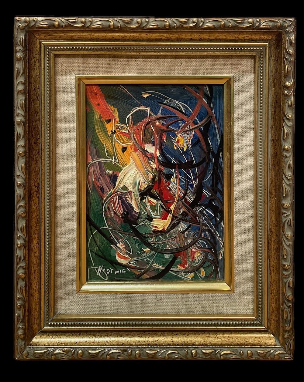 Abstract Painting di Heinie Hartwig - Astratto esplosivo in blu vibrante, rosso e nero