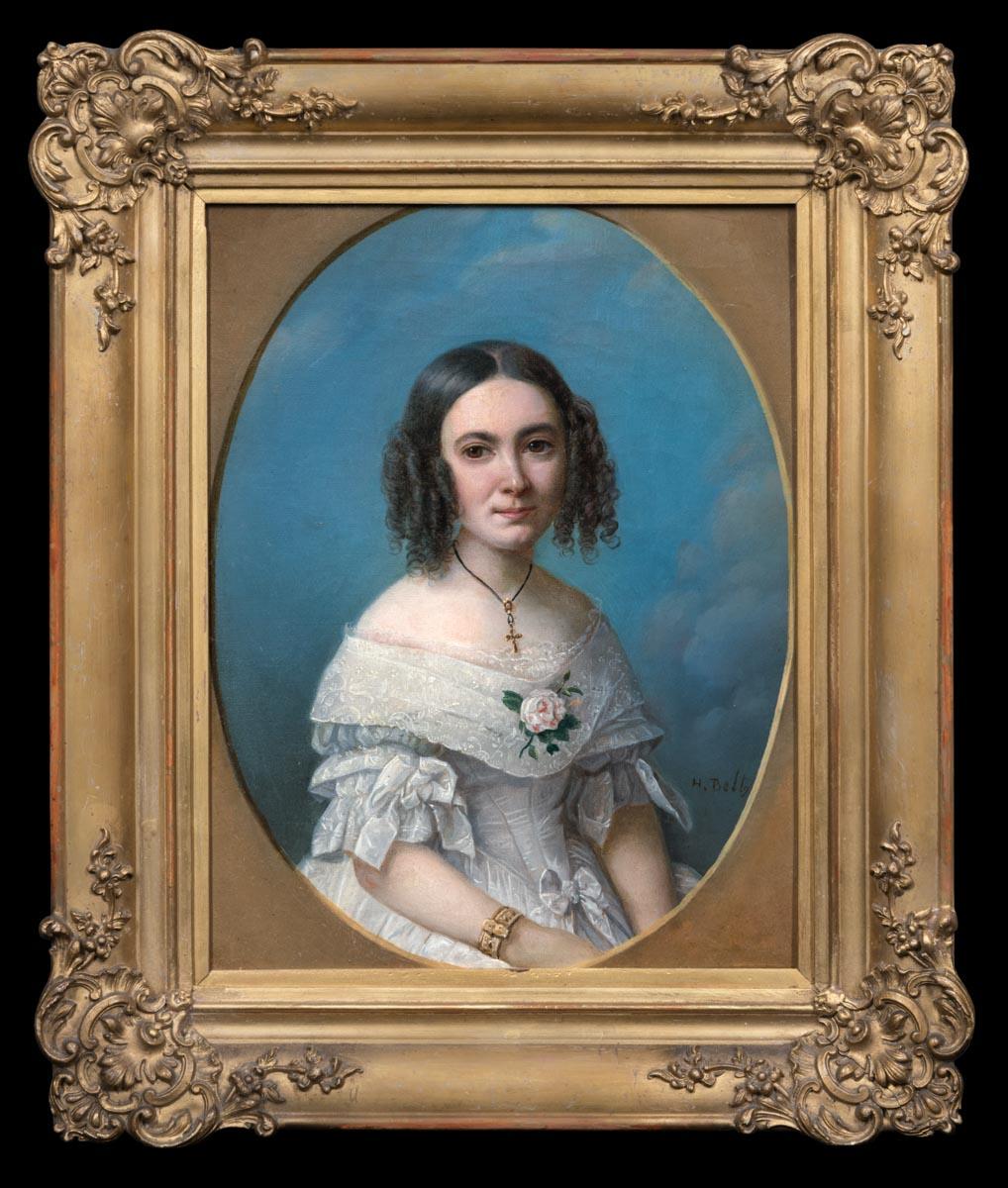Portrait signé d'une jeune femme en robe blanche 1840, peinture à l'huile sur toile - Painting de Heinrich Beltz
