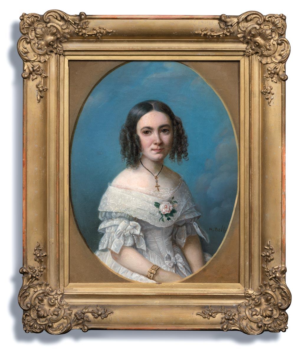 Portrait Painting Heinrich Beltz - Portrait signé d'une jeune femme en robe blanche 1840, peinture à l'huile sur toile