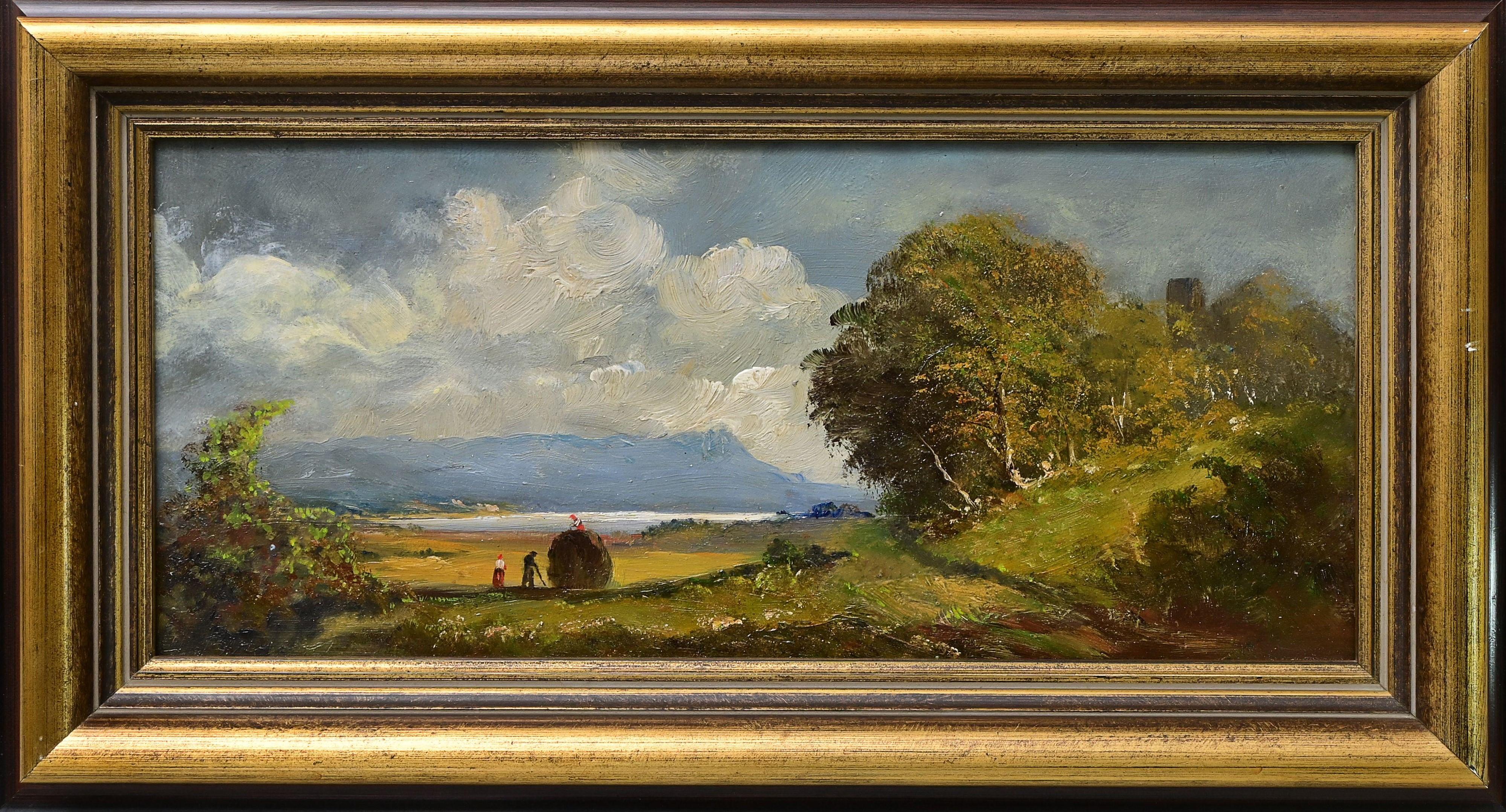 Des fermiers rentrant le foin en plein été devant une chaîne de montagnes couverte de nuages.
Paysage panoramique dans le style de Corot par Heinrich Berger, (1898-1977) Journée d'été au bord d'un lac dans les Préalpes. Huile sur panneau dur,