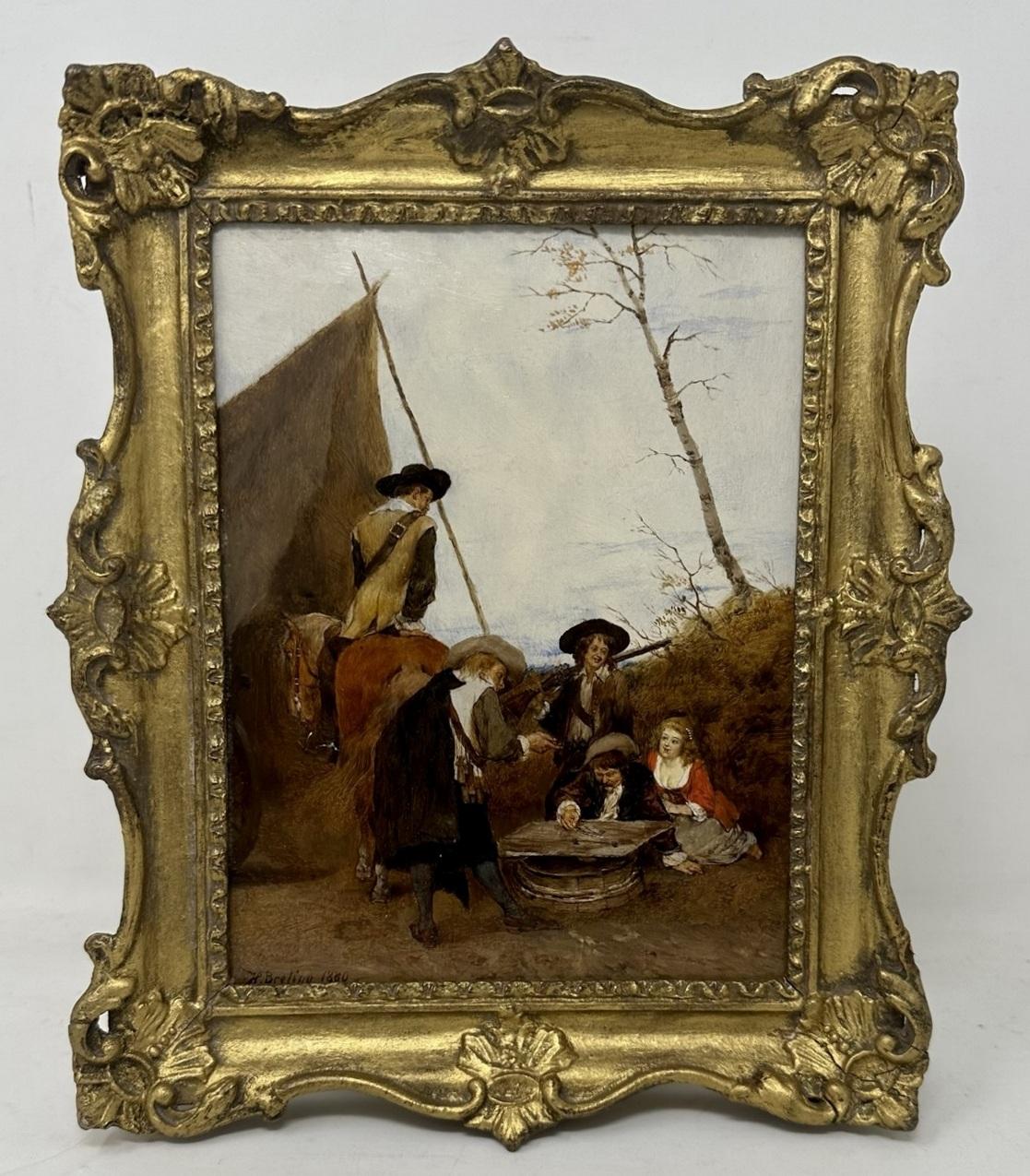An exceptionally fine quality example of a framed German Victorian Oil Painting on Artists board of compact Size depicting Cavaliers in Landscape. Complete with its original good quality ornate gilt frame.
Last quarter of the Nineteenth