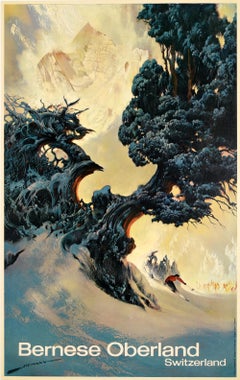 Poster da viaggio originale d'epoca per lo sci e lo sport invernale Oberland Bernese Svizzera