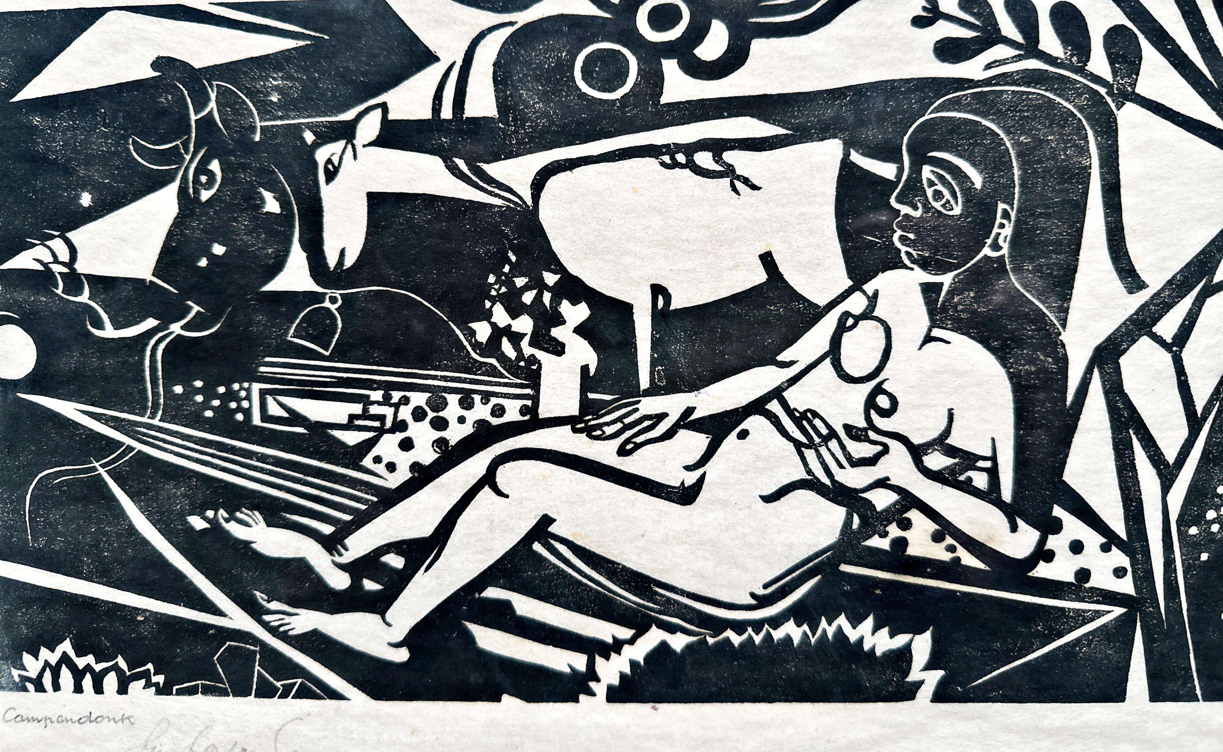 Liegender Weiblicher Akt Mit Kuh Und Ziege Expressionist Woodcut - Print by Heinrich Campendonk