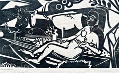 Liegender Weiblicher Akt Mit Kuh Und Ziege (Taglio di legno espressionista)