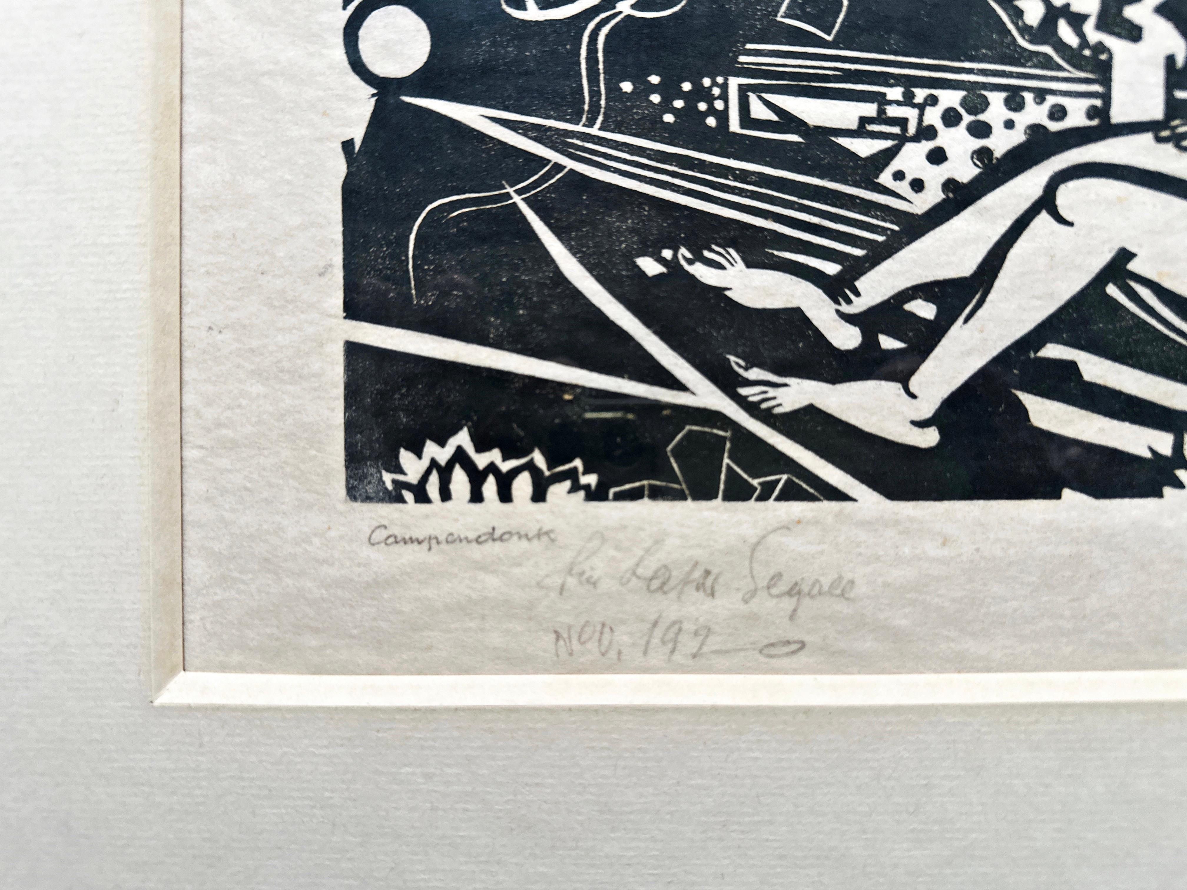 Liegender Weiblicher Akt Mit Kuh Und Ziege Expressionist Woodcut - Blue Rider Print by Heinrich Campendonk