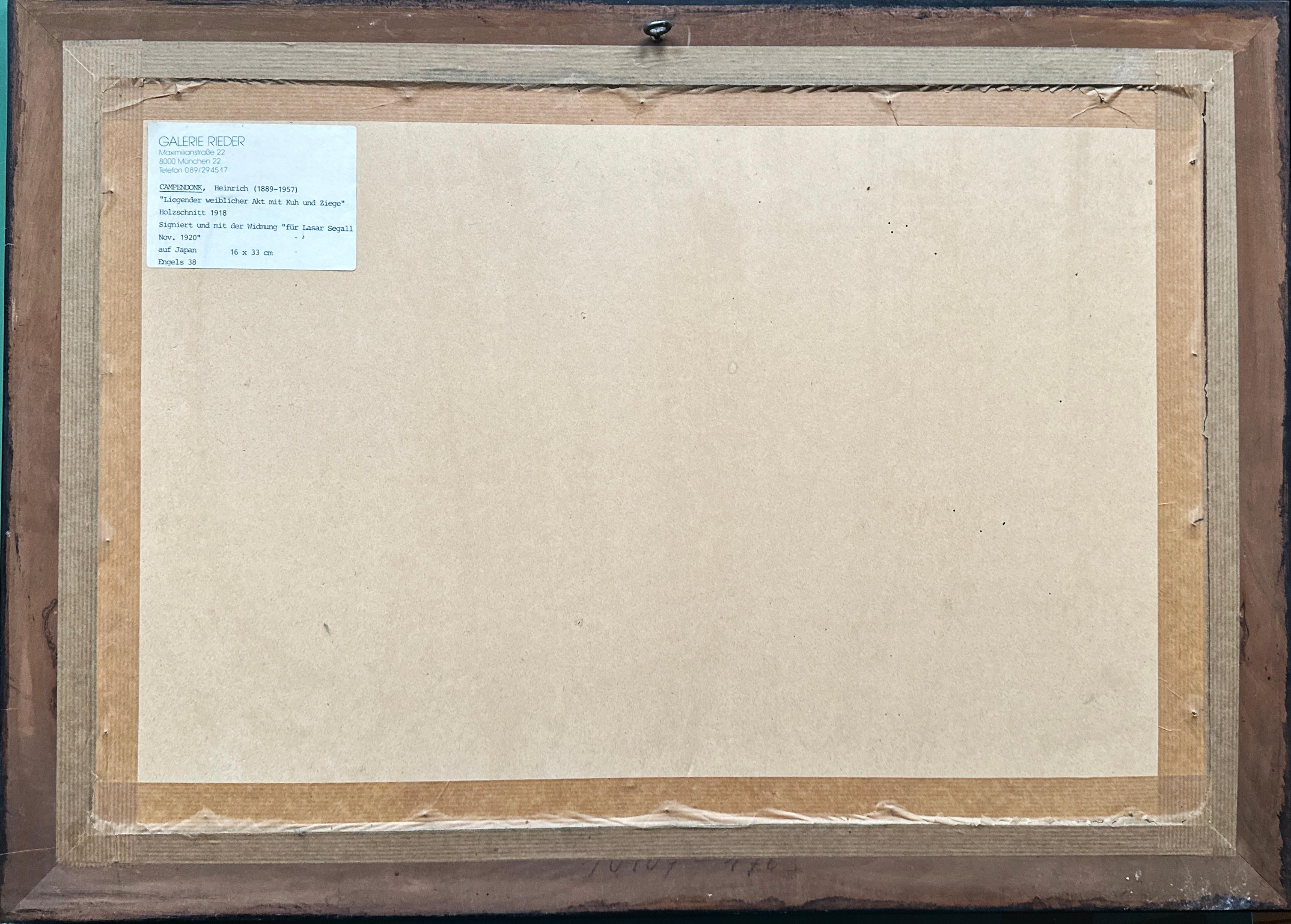 Liegender Weiblicher Akt Mit Kuh Und Ziege Expressionist Woodcut - Black Figurative Print by Heinrich Campendonk