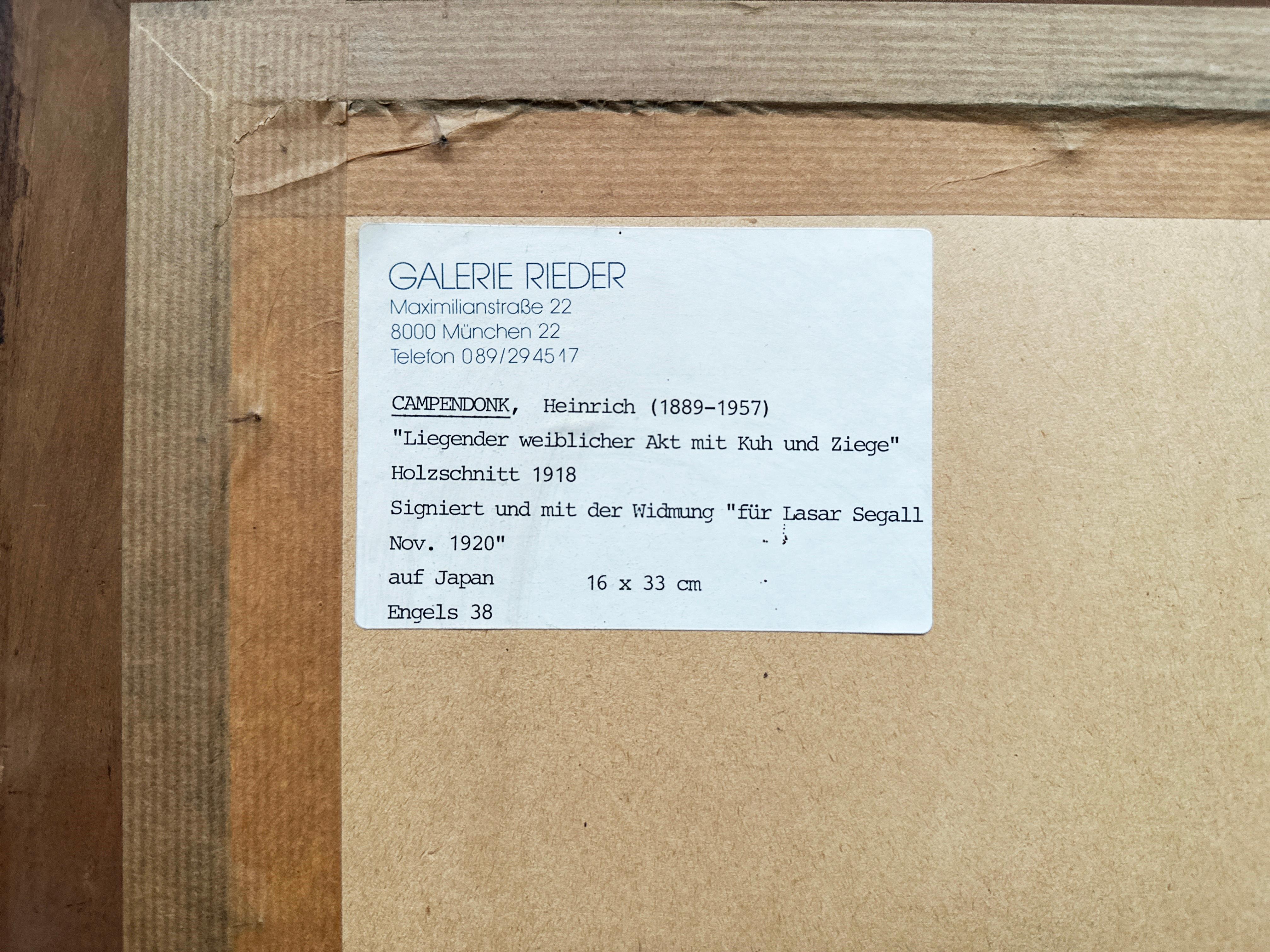 Heinrich Campendonk
Krefeld 1889 - 1957 Amsterdam
Reclining female nude with cow and goat, 1918
Woodcut on Japanese paper
Signed and dedicated in pencil lower left 