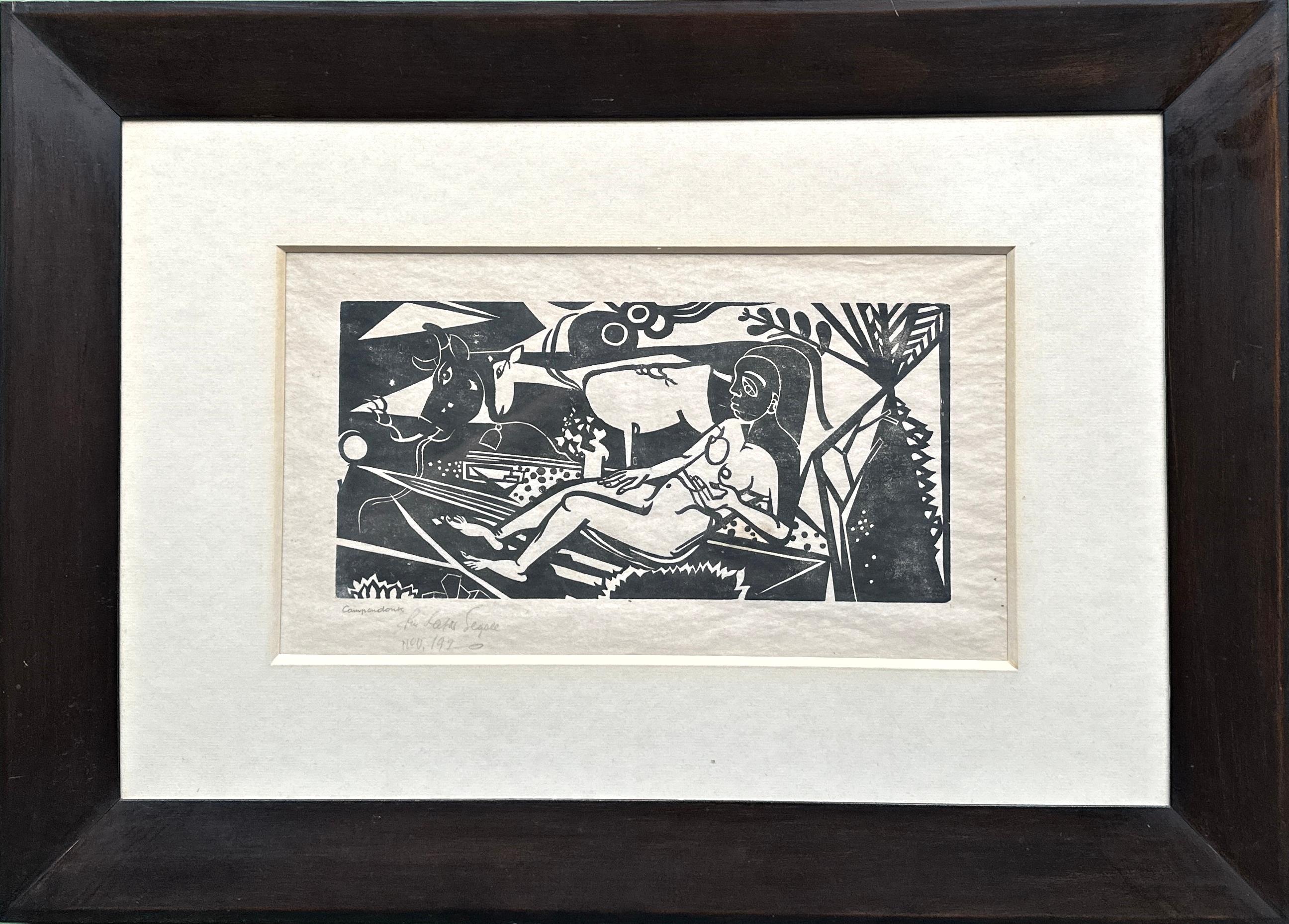 Liegender Weiblicher Akt Mit Kuh Und Ziege Expressionist Woodcut