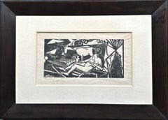 Heinrich Campendonk - Liegender Weiblicher Akt Mit Kuh Und Ziege Expressionist Woodcut Liegender Weiblicher Akt Mit Kuh Und Ziege Expressionist Woodcut